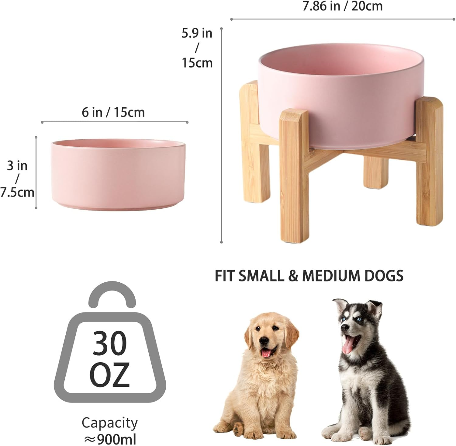 6'' Ceramic Raised Dog Bowl - 30Oz Dog Food & Water Bowl with Elevated Non-Slip Bamboo Stand, Dishwasher & Microwave Safe, anti Vomiting Heavy Duty Pet Bowl for Small and Medium Dogs, Pink image number 3