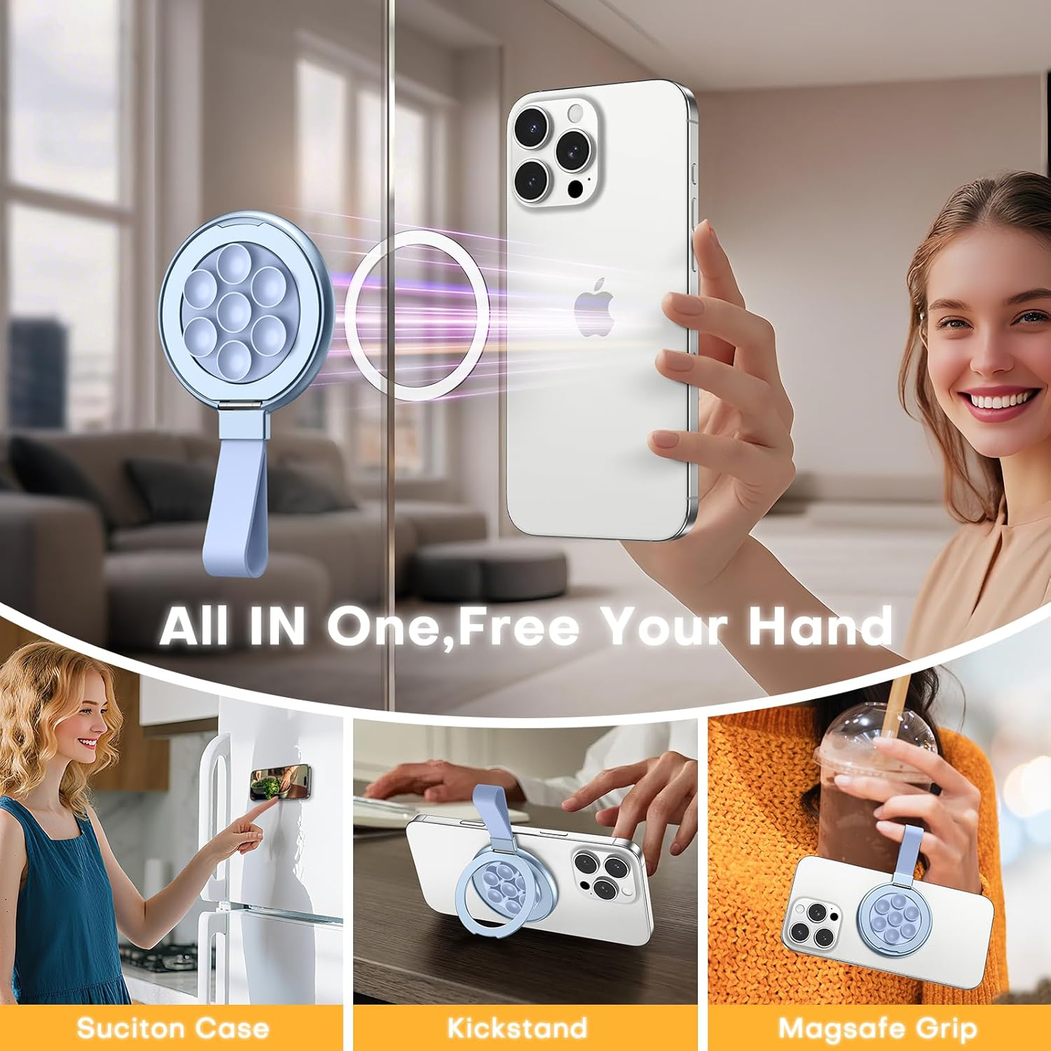 TAURI Magnetic Phone Grip Accessories Holder with Stand, Compatible with Magsafe, Double-Side Design, Silicone Back Suction Cup for Glass and Smooth Surface, Hands-Free for Selfies and Videos - Sky - Sky image number 3