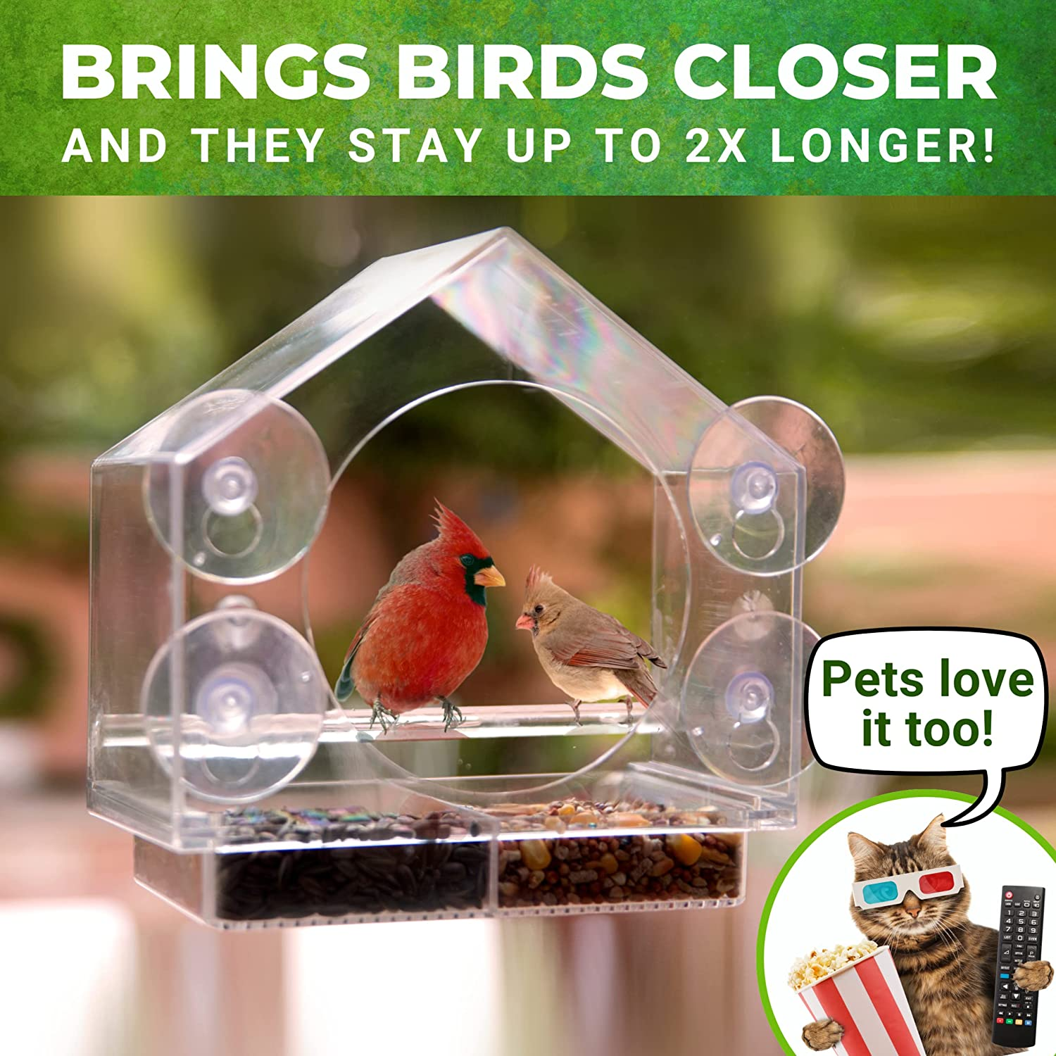 Nature Anywhere Transparent Acrylic Window Bird Feeders for Outdoors - Enhanced Suction Grip, Bird Watching for Cats, Easy-To-Clean, Outdoor Birdhouse Feeder image number 2