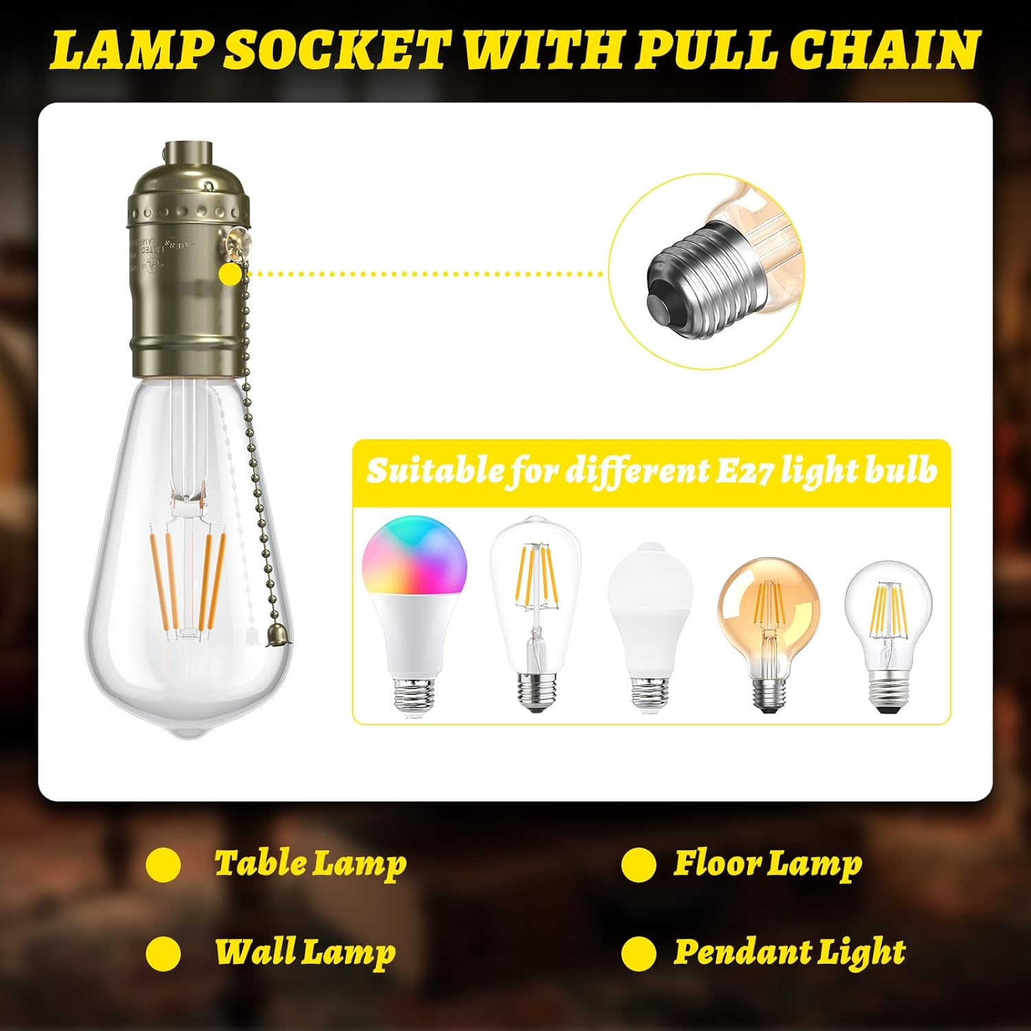 Brightark E27 Pull Chain Lamp Socket, E26/E27 Standard Threaded Base, Lamp Parts for Table and Floor Lamps, Light Bulb Socket with Pull Chain Lamp Switch, Lamp Socket Replacement, 1 Pcs(Antique Brass)