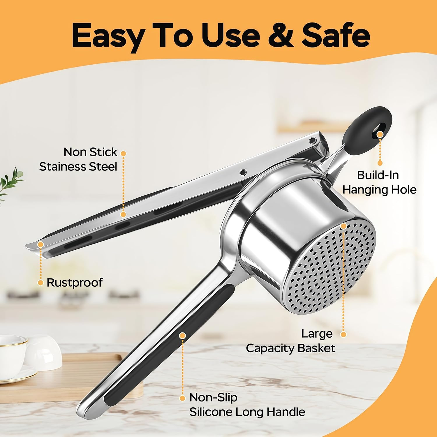 Potato Ricer, Stainless Steel Paotato Masher, Heavy Duty Ricer with Silicone Handle, Pkitchen Tool Potato Press Kitchen Gadget for Potatoes Vegetable Fruit,Juicer, Baby Food Press Squeezer (1) image number 6