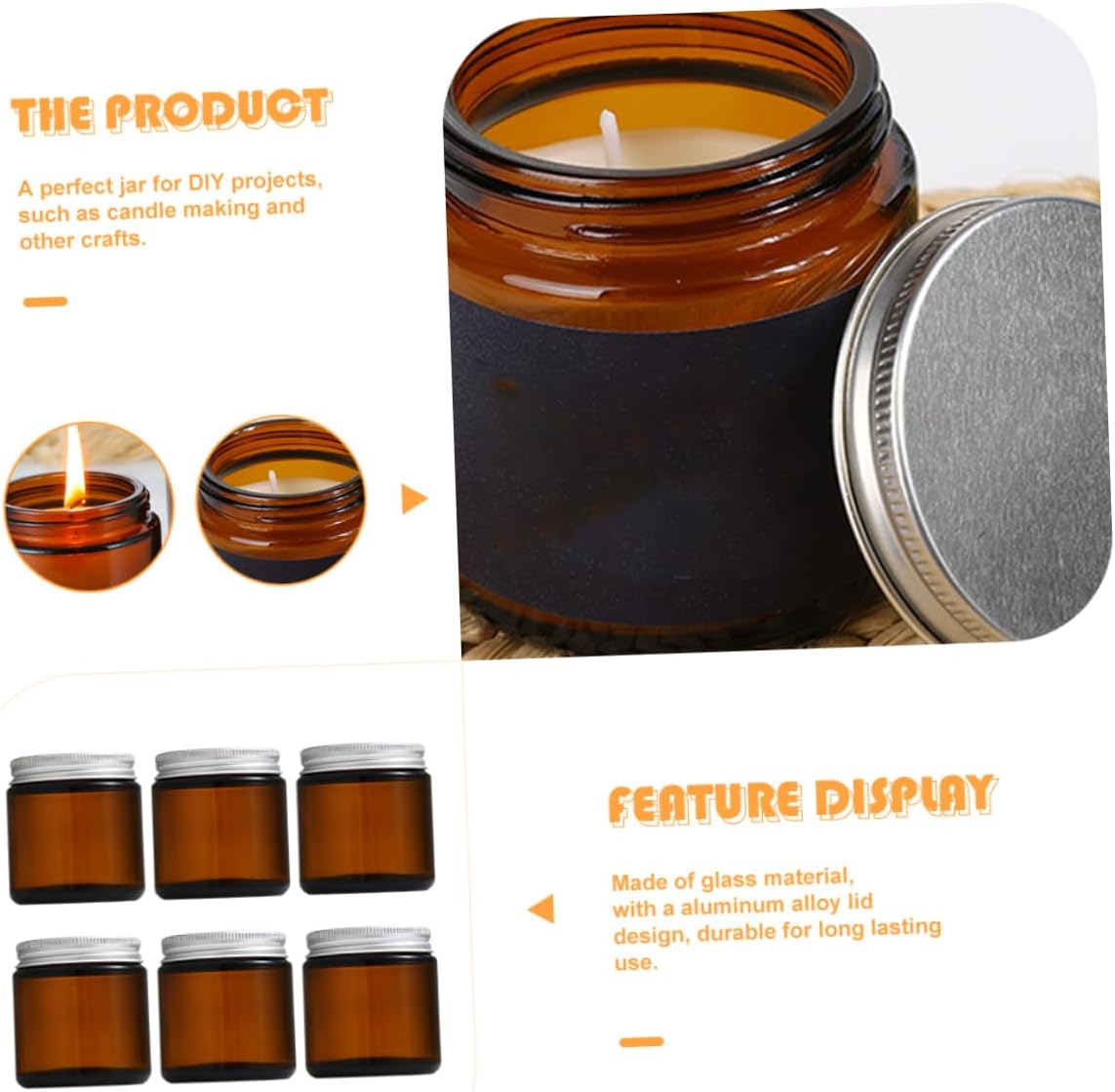 CONGARTENO 6Pcs Amber Glass Candle Jars Fillable Wax Candle Holders with Airtight Lids Spice Lotion Storage Unique Design for Wedding Favors image number 3