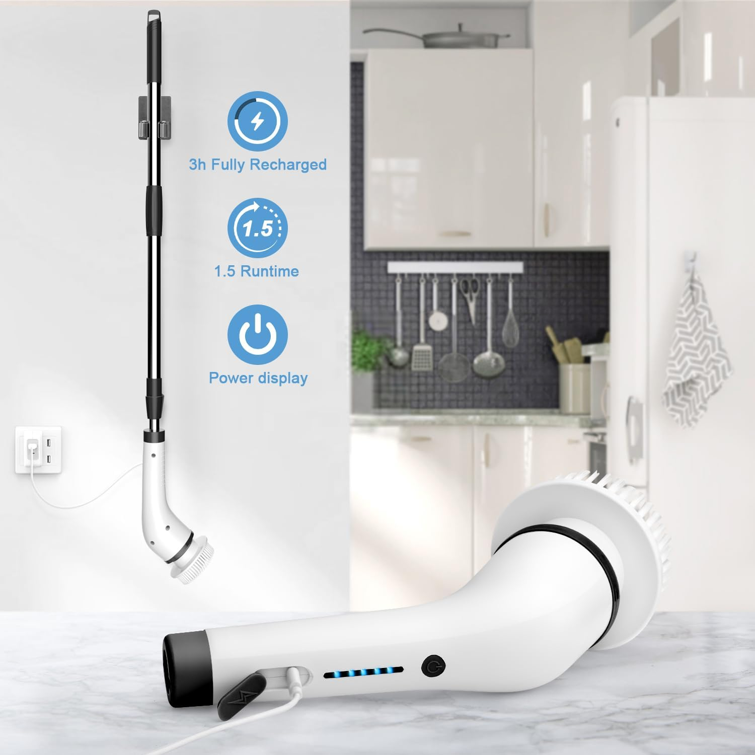 GRUTTI Electric Spin Scrubber, Cordless Shower Scrubber with 8 Replaceable Brush Heads, Electric Bathroom Scrubber with 2 Speeds, Adjustable Extension Arm, for Bathtub Window Car Grout Tile Floor image number 5