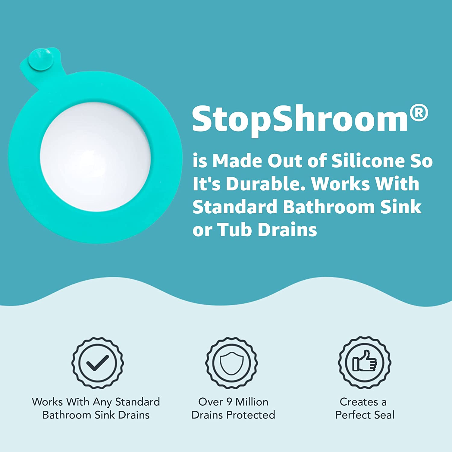 Stopshroom STBLU232 Universal Stopper Plug Cover for Bathtub, Bathroom and Kitchen Drains, Aqua - Aqua image number 6