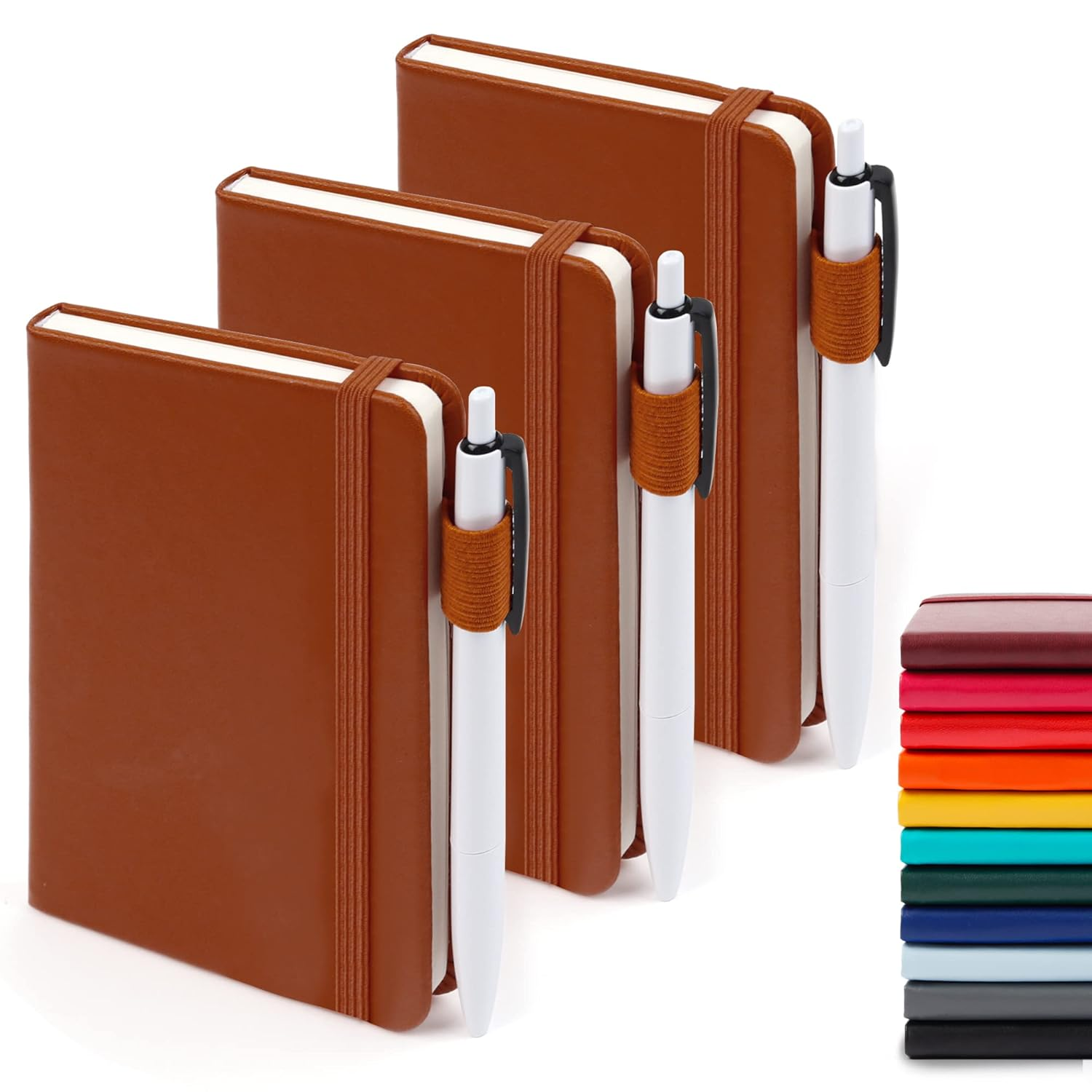 Feela 3 Pack Pocket Notebook Journals, Mini Cute Small Journal Notebook Bulk Hardcover College Ruled Notepad with Pen Holder for Office School Supplies, with 3 Black Pens, 3.5&rdquo;X 5.5&rdquo;, A6, Brown image number 3