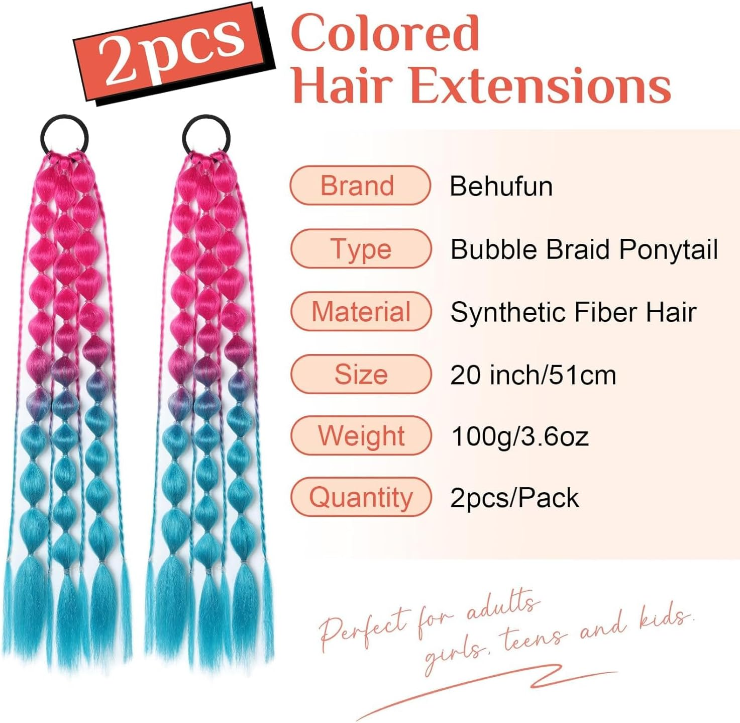 2 PACK Colorful Hair Extensions, POIUNA Upgrade 24" Long Braiding Hair Hair Extensions Braid Synthetic Fiber Hair for Women Girl Bubble Braid (Blue) (Purple) image number 1