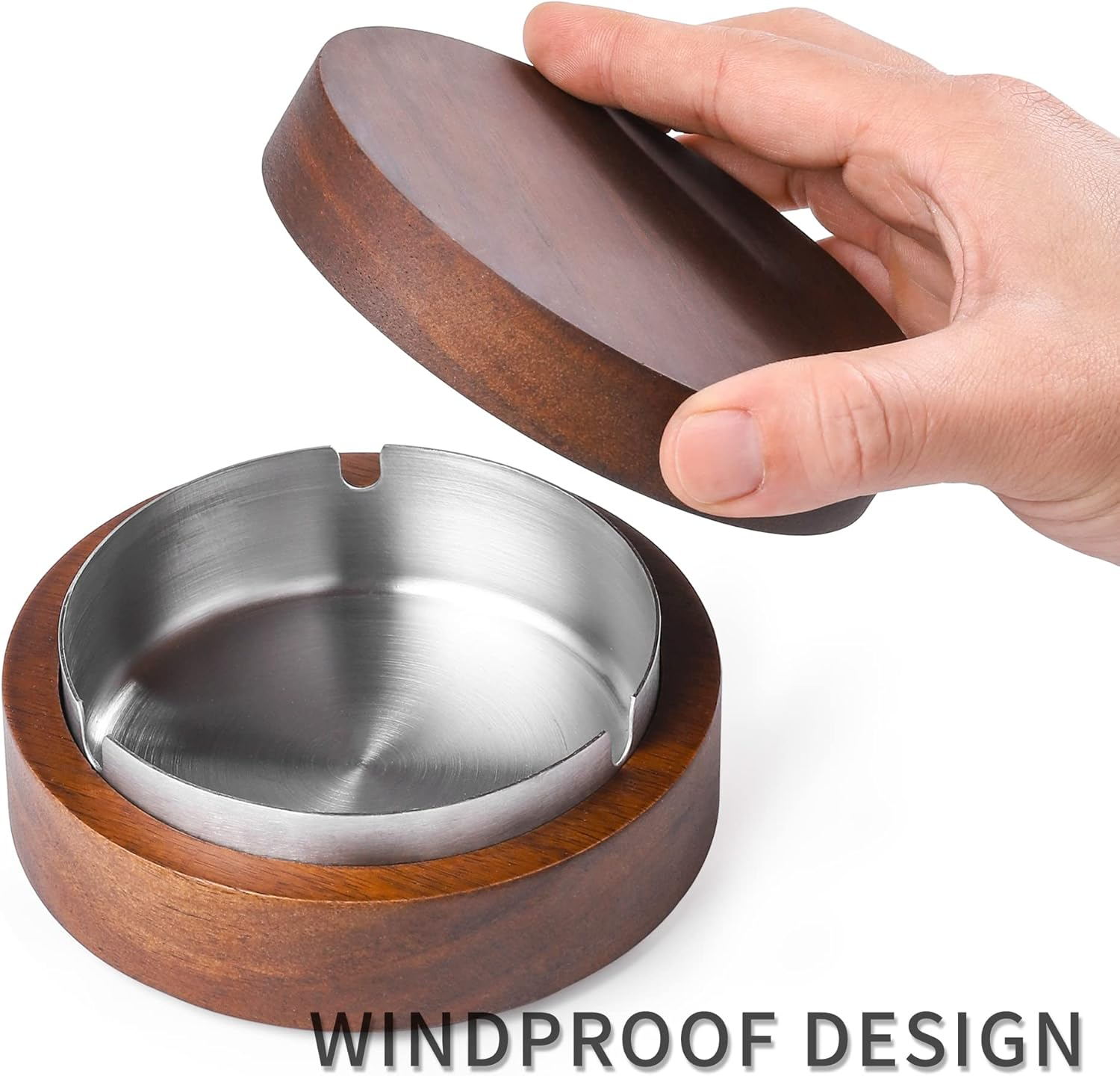 Wooden Ashtray with Lid for Smokers Stainless Steel Liner Ash Tray Windproof Durable Easy to Clean Cool Ashtrays for Indoor or Outdoor Use, Patio, Office & Home image number 4