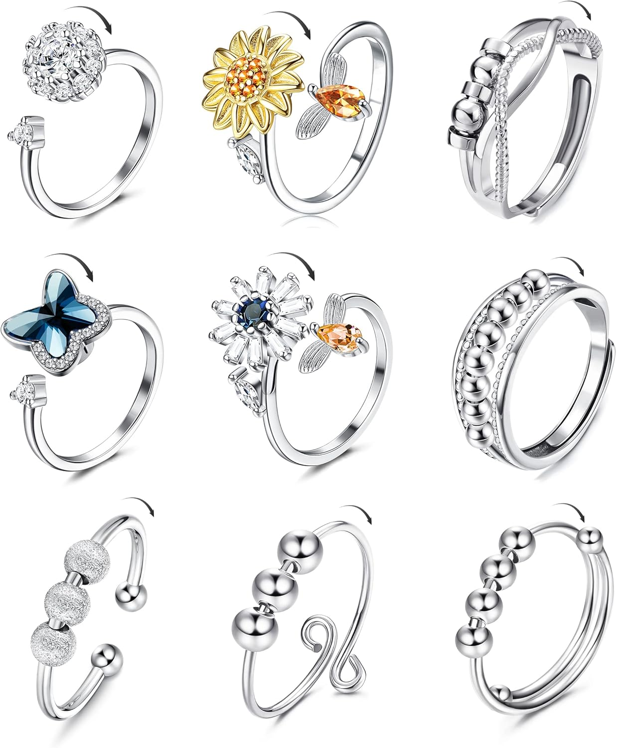 Kakonia 9Pcs Fidget Anxiety Rings for Women Spinner Fidget Rings for Anxiety Adjustable Cubic Zirconia Flower Butterfly Sunflower Bead Stress Relief Spinning Stackable Ring Set with Box