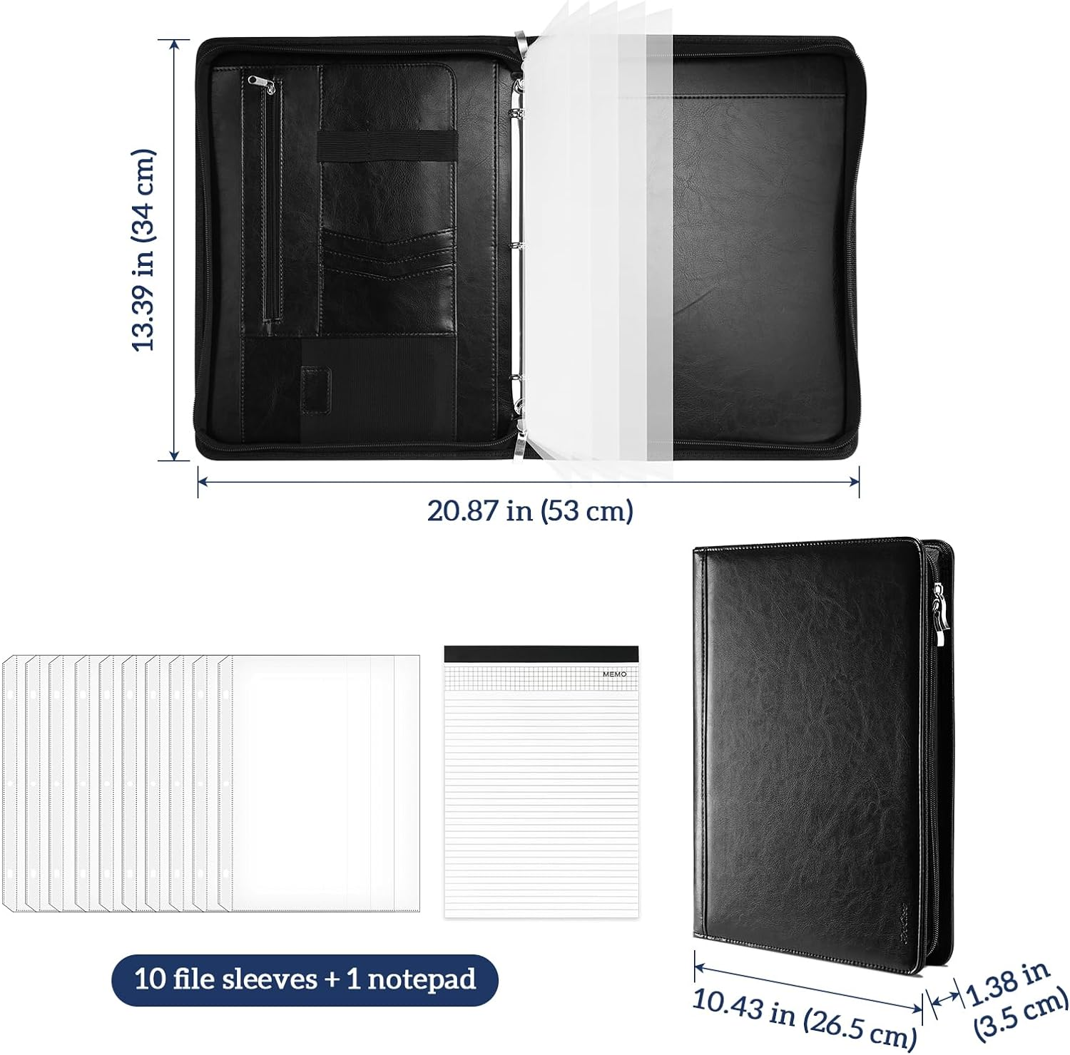 Procase Portfolio 3-Ring Padfolio Folder Organizer, PU Leather Business Planner A4 Notepad Zipper File Binder Clipboard Removable Document Sleeve for Resume Interview Meeting -Black image number 5