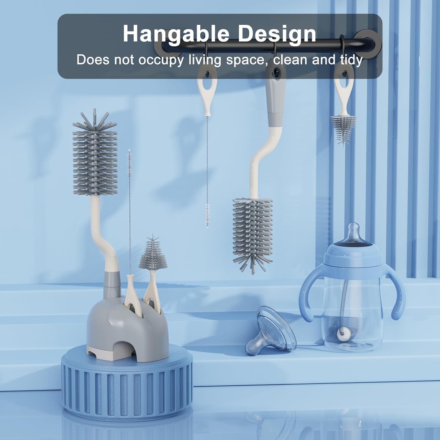 Silicone Bottle Brush Set with Stand, 360&deg; Rotating Bottle Cleaning Brush Cleaner Set, Long Handle 3 in 1 Multipurpose Silicone Baby Bottle Straw Cleaner Brush (Grey) - Green-Orange image number 2