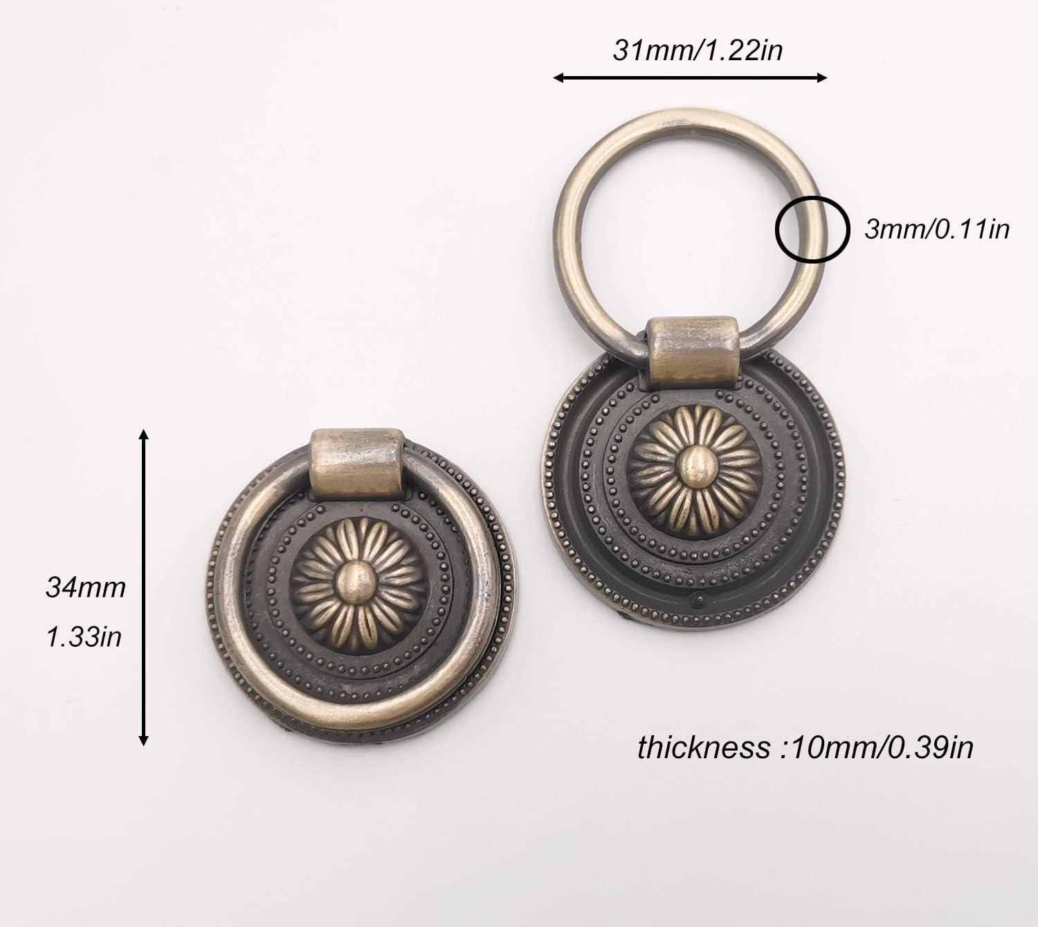 Headsitg 6 Pcs Antique Drawer Pull Ring Cabinet Ring Handle Cabinet Drawer Dressing Knob Handle Antique Brass,Size:1.37" L X 1.37" W X 0.5''H - 6 Pcs Bronze Color image number 5