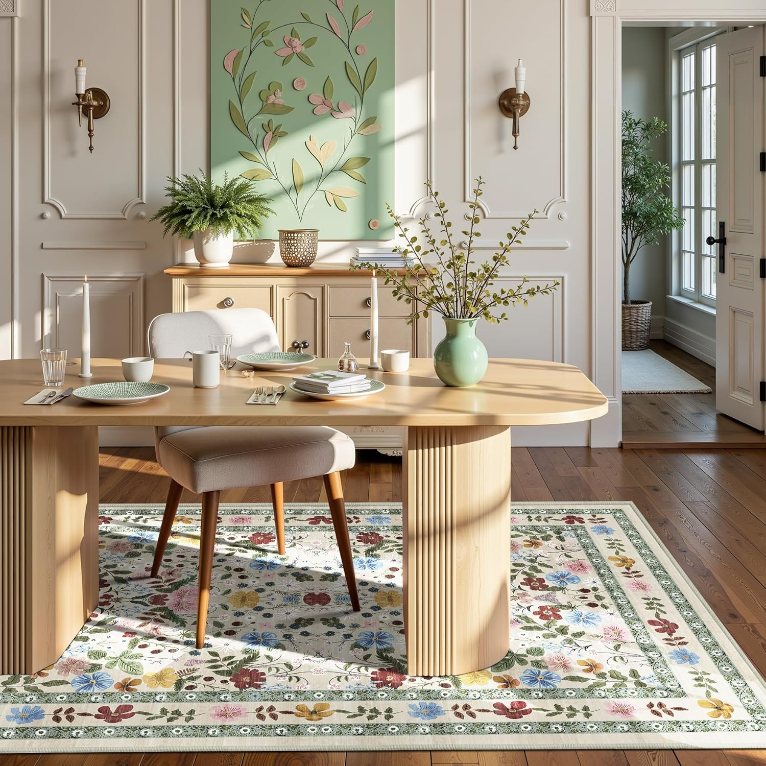 Deerly Green Rugs for Livingroom, Floral Boho Area Rug for Bedroom Child Nurseryroom Diningroom, Vintage Non-Slip Floor Rug Washable Bedunder Carpet Kitchen Office. (Beigegreen, 160X230Cm) image number 1