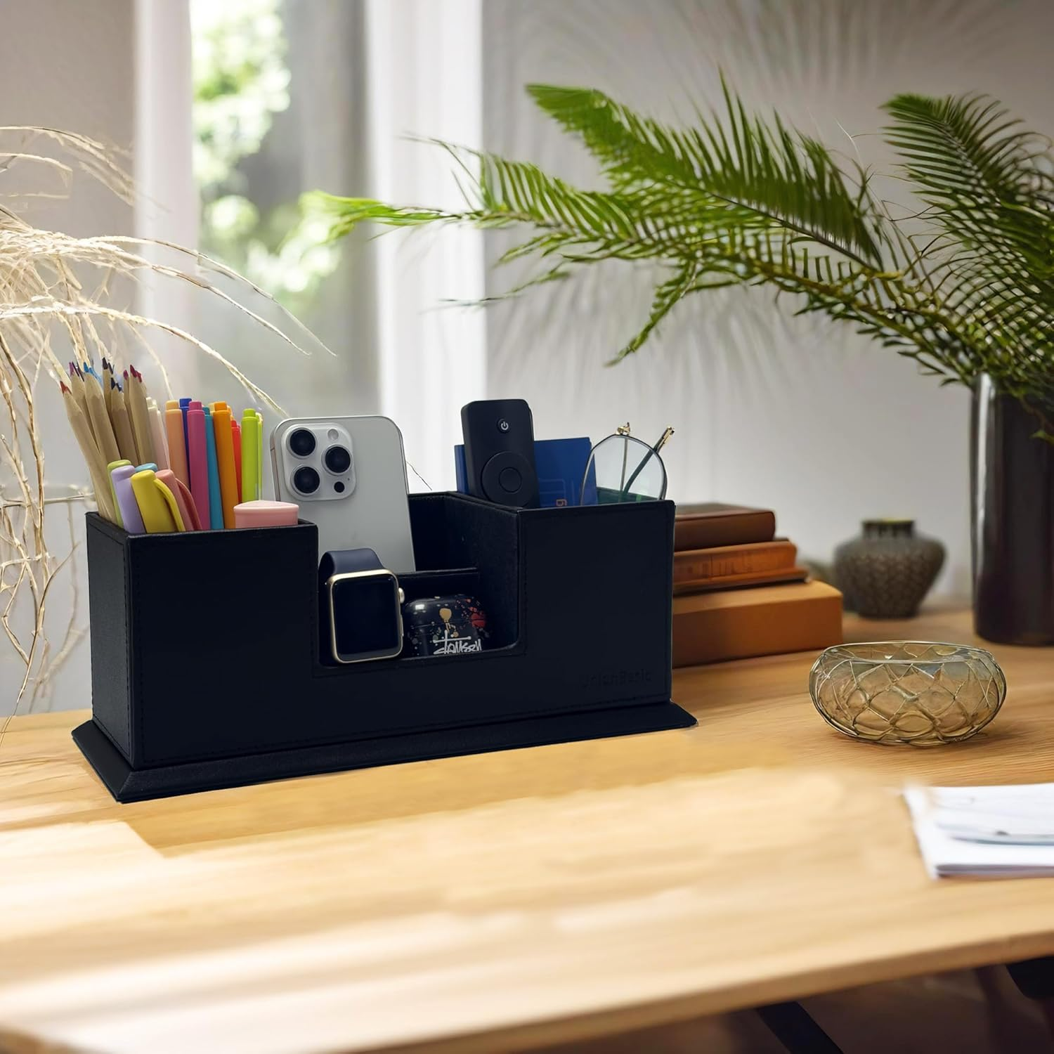 Unionbasic PU Leather 4 Compartment Desk Organizer Card/Pen/Pencil/Mobile Phone Office Supplies Holder Collection Desktop Organizer (Black) - Blue,White image number 6