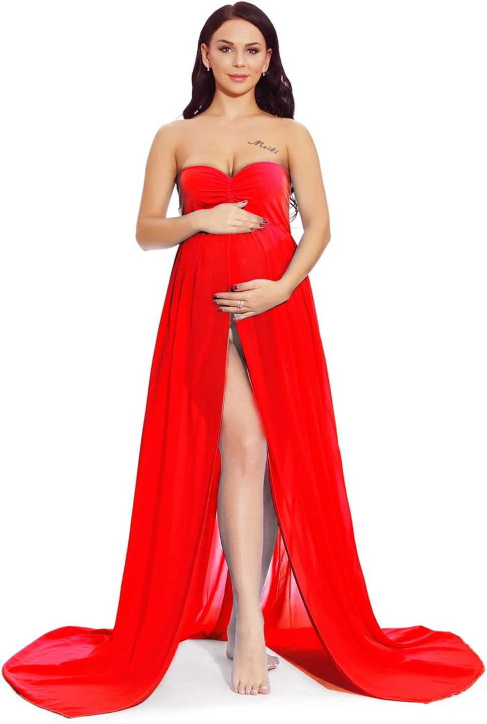 ZIUMUDY Maternity Chiffon Strapless Maxi Photography Dress Split Front Gown for Photoshoot image number 5