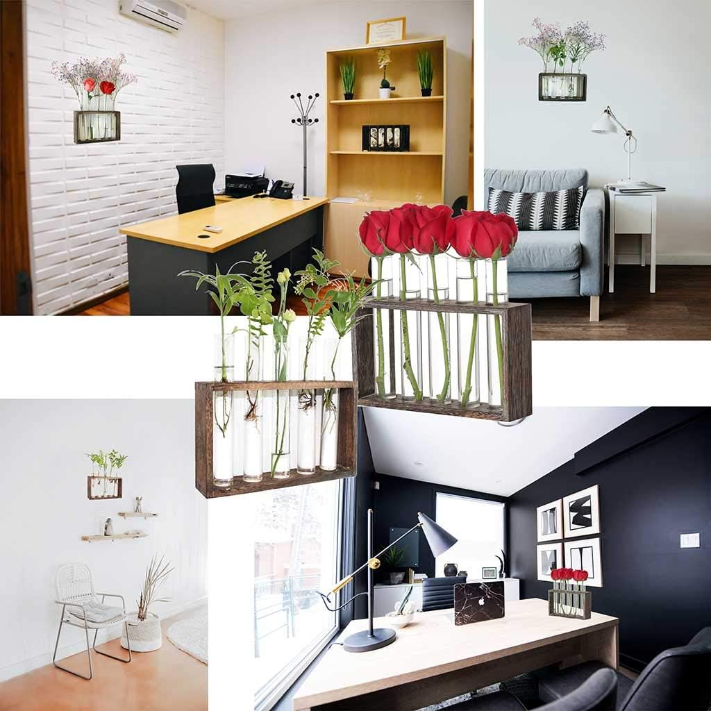 Laffeya Hydroponic Plant Stand, Wall Plant Holder, with 5 Test Tube Vase Retro Solid Wooden Stand, Air Planter Test Tube Glass Vase Holder Wall Mounted Hanging Planter, Gifts for Plant Lovers image number 4