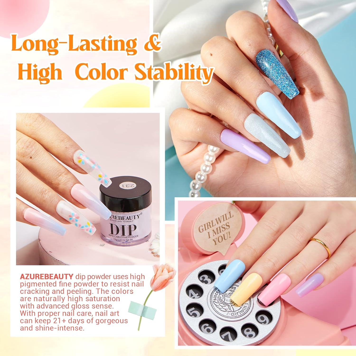 AZUREBEAUTY 31Pcs Dip Powder Nail Kit Starter 20 Colors Pastel Spring Summer Pink Acrylic Dipping Powder Set with Top/Base Coat Activator & Recycling Tray for Macaron French Manicure Salon - Red Blue Green Glitter image number 6