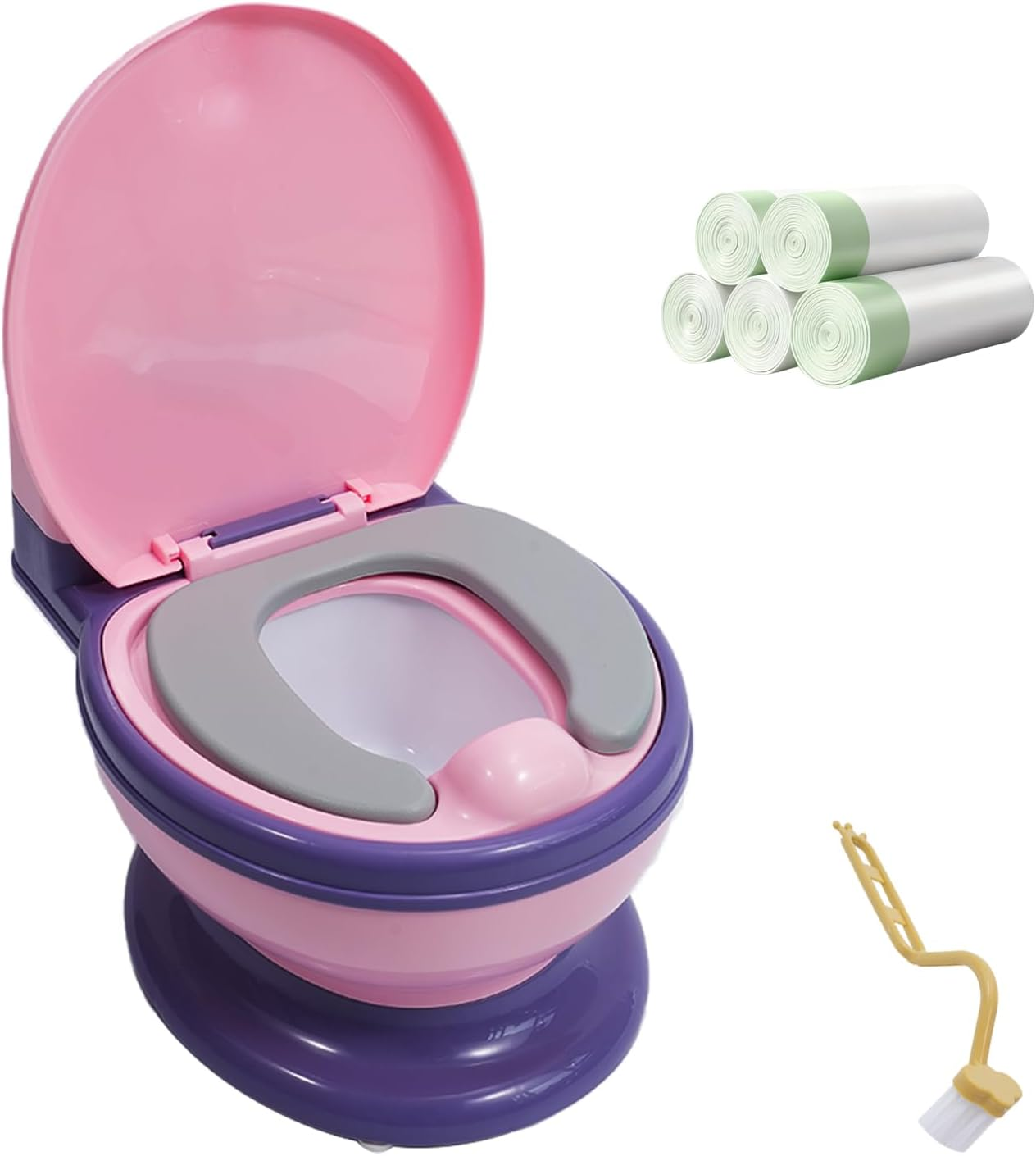 Toddler Potty Training Toilet Chair with Soft Seat, Removable Pot, Tissue Dispenser and Cleaning Brush for Boys Girls (Complimentary Garbage Bags)
