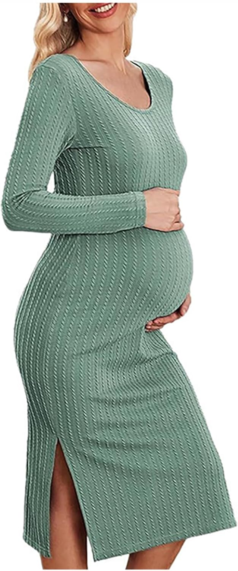 Side Slit Rib Knit Maternity Dress Long Sleeve Bump Fit Midi Dress for Baby Shower