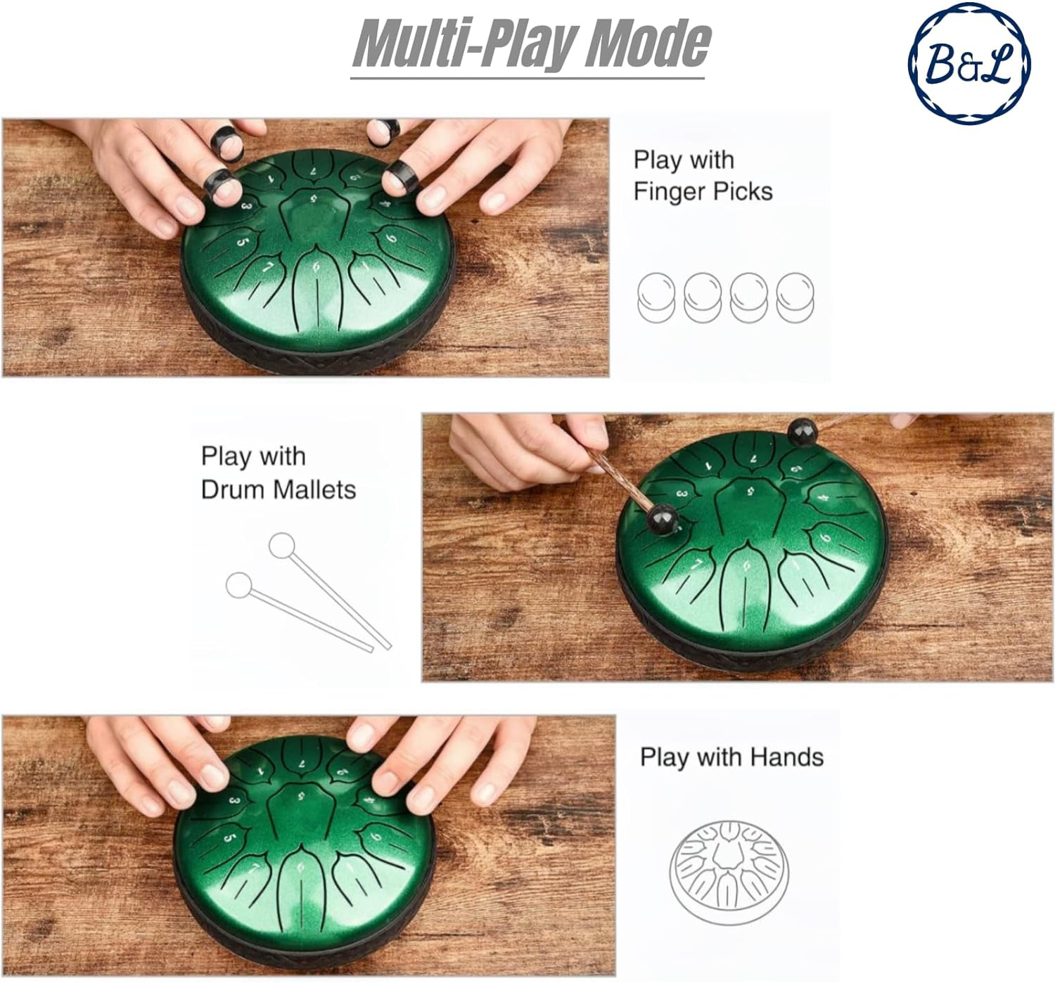 BURNING&LIN Steel Tongue Drum 11 Notes 6 Inches Handpan Drum Percussion for Meditation Yoga Musical Education for Adult& Kids（Green） image number 4