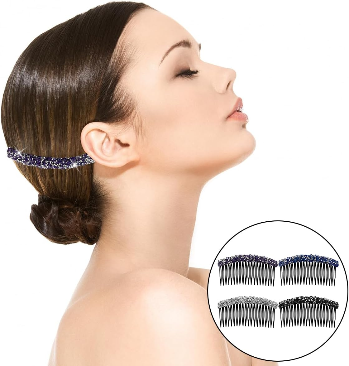 NILLOS Rhinestone Hair Side Combs, 4 PCS Plastic Claw Rhinestone Hair Accessories for Women, Girls (White, Black, Blue, Purple) image number 2