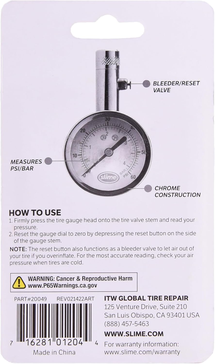 Slime 5-60 Psi Large Face Dial Tire Gauge