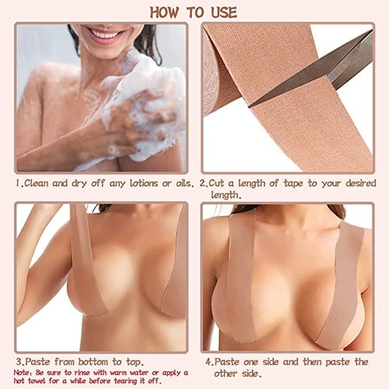 Boob Tape - Breast Lift Tape, Body Tape for Breast Lift 2" X 16" W 10 Pcs Breast Petals Reusable Adhesive Bra Nipple Covers, Bob Tape for Large Breasts A-G Cup Beige image number 4