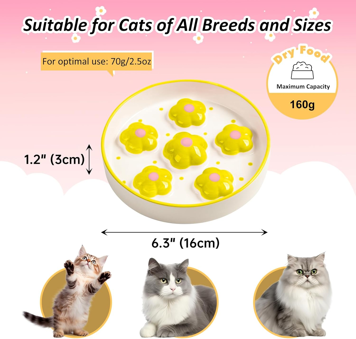 Ceramic Slow Feeder Bowl for Cats - Healthy Eating Colorful Design - Cute Food Plate Puzzle Feeder Dish - Dishwasher Safe - 6.3" W X 1.2" H - 6 OZ - Yellow Flowers - Pink image number 3