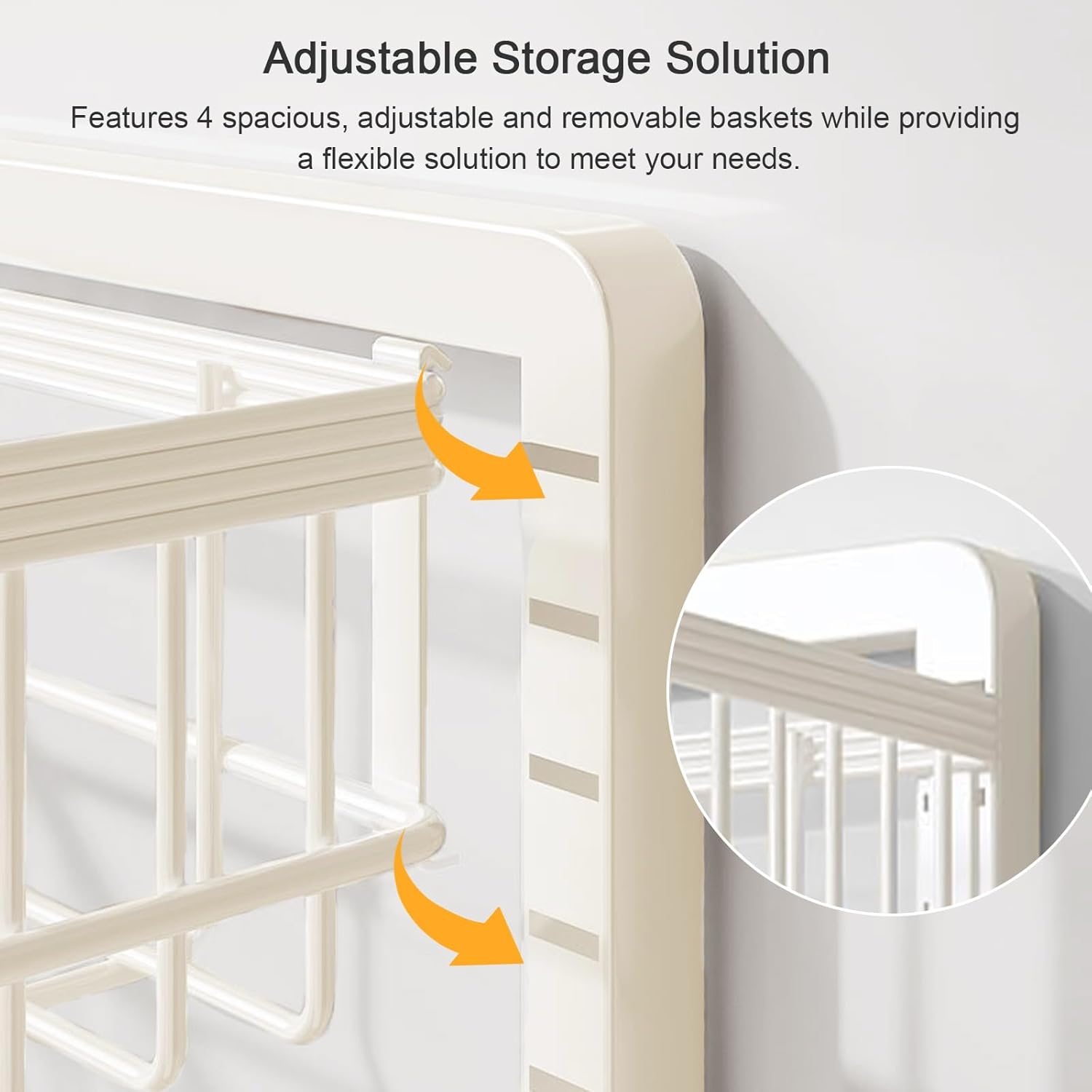 4-Tier Utility Rolling Cart, Metal Storage Cart with Wheels, Versatile Rolling Storage Snack Carts, Adjustable Fruit Vegetable Basket Rack for Pantry, Bathroom, Kitchen, Office (White) image number 5