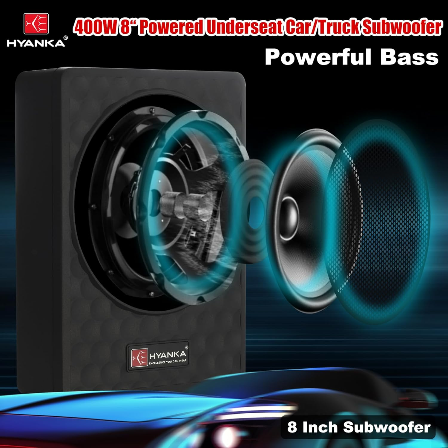 H Yanka SODA-08ASW 400W 8 Inch Compact Underseat Car Subwoofer with Built-In Amp, Slim Powered Subwoofer for Car/Truck/Jeep Audio image number 2