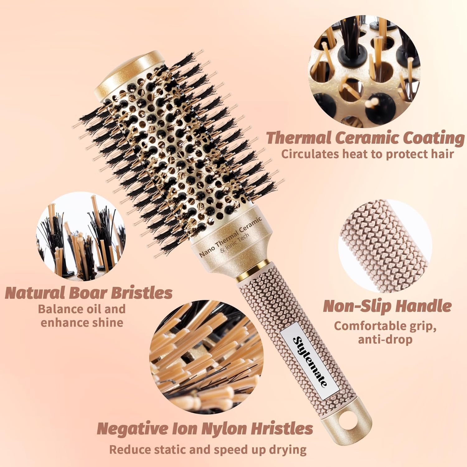 Round Brush for Blow Out, Nano Thermal Ceramic & Ionic Tech round Barrel Hair Brush with Boar Bristles and Nylon Pins, Roller Brush for Blow Drying and Styling, 4 Free Clips (Barrel 1.7 Inch, 45Mm) image number 5