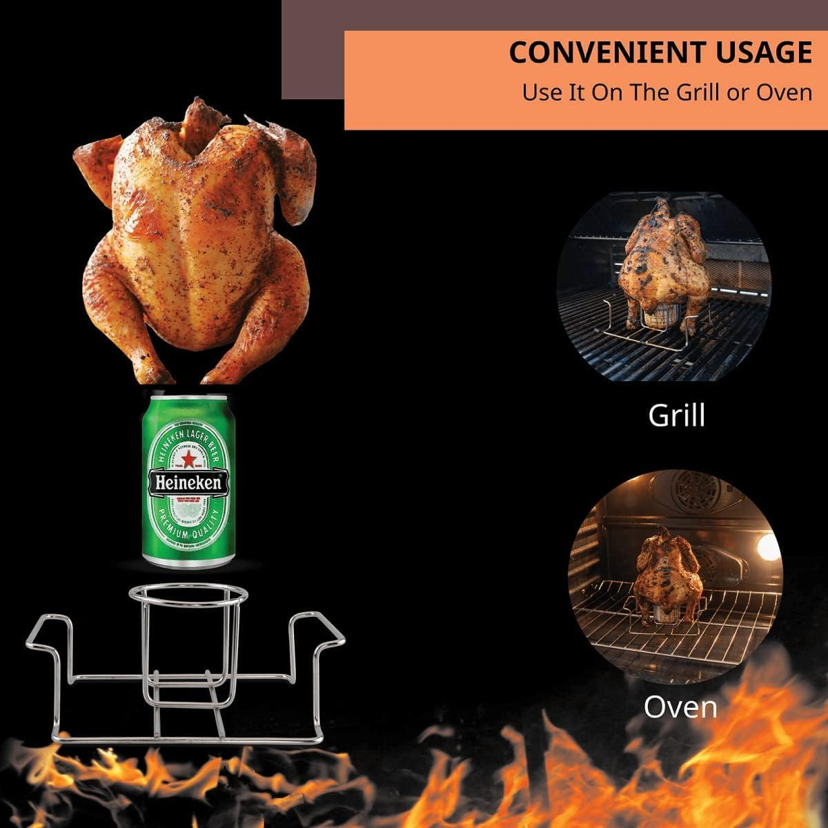 Cozioz Stainless Steel Beer Can Chicken Holder for Grill and Smoker - Premium Quality Stand with Handle for Perfectly Roasted Chicken, Ideal for BBQ Lovers and Outdoor Cooking Enthusiasts