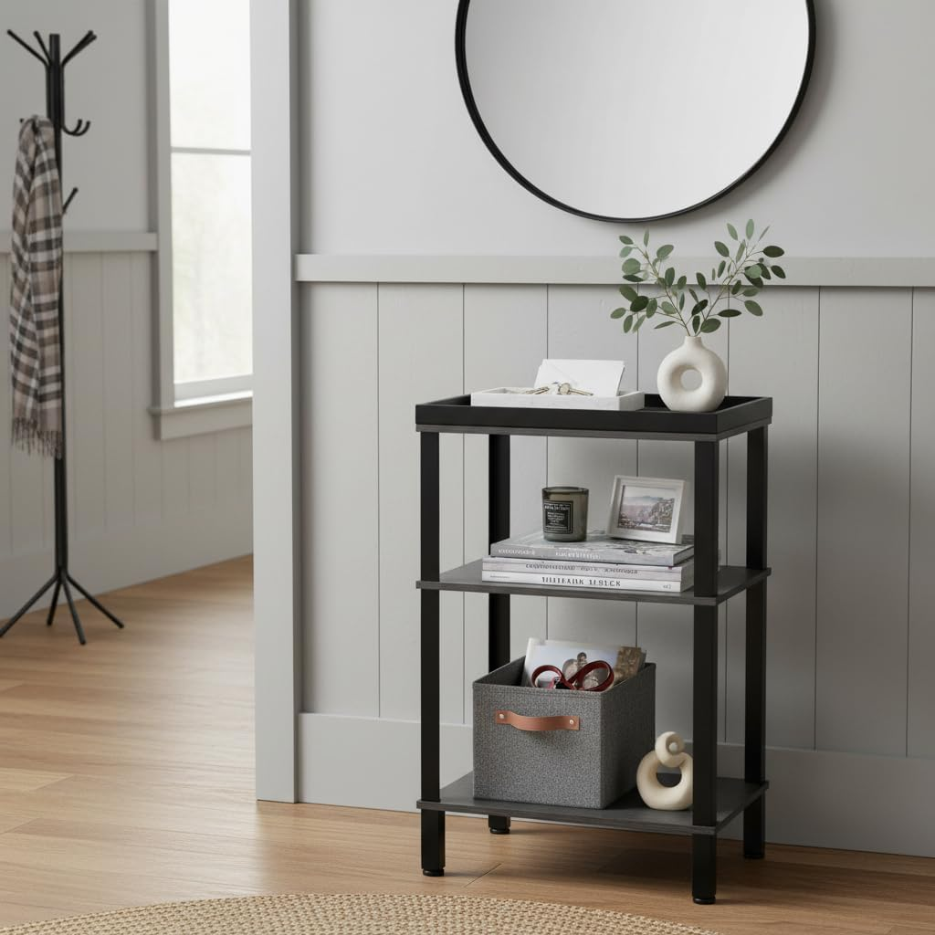 Side Table for Small Spaces,3 Tier End Table with Metal Tabletop Tray Storage Shelf, Small Narrow Thin End Table Bedside Table,Nightstand for Hallway,Living Room,Bedroom, Office (Grey) - Rustic Brown image number 4