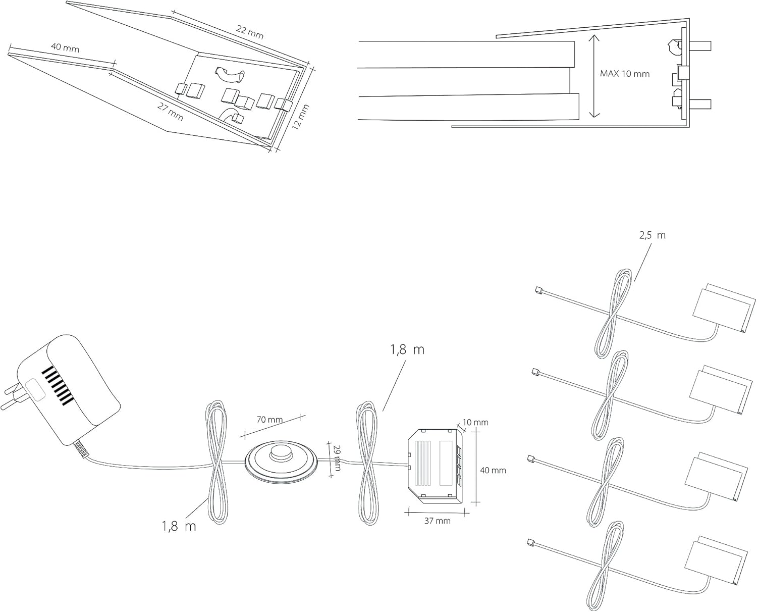 SEBSON Display Cabinet Lighting Set of 6 &ndash; Glass Floor Lighting LED Including 12 V Power Supply with Switch &ndash; LED Clips Warm White &ndash; Glass Edge Lighting for Display Cabinet, Shelf, Table image number 5