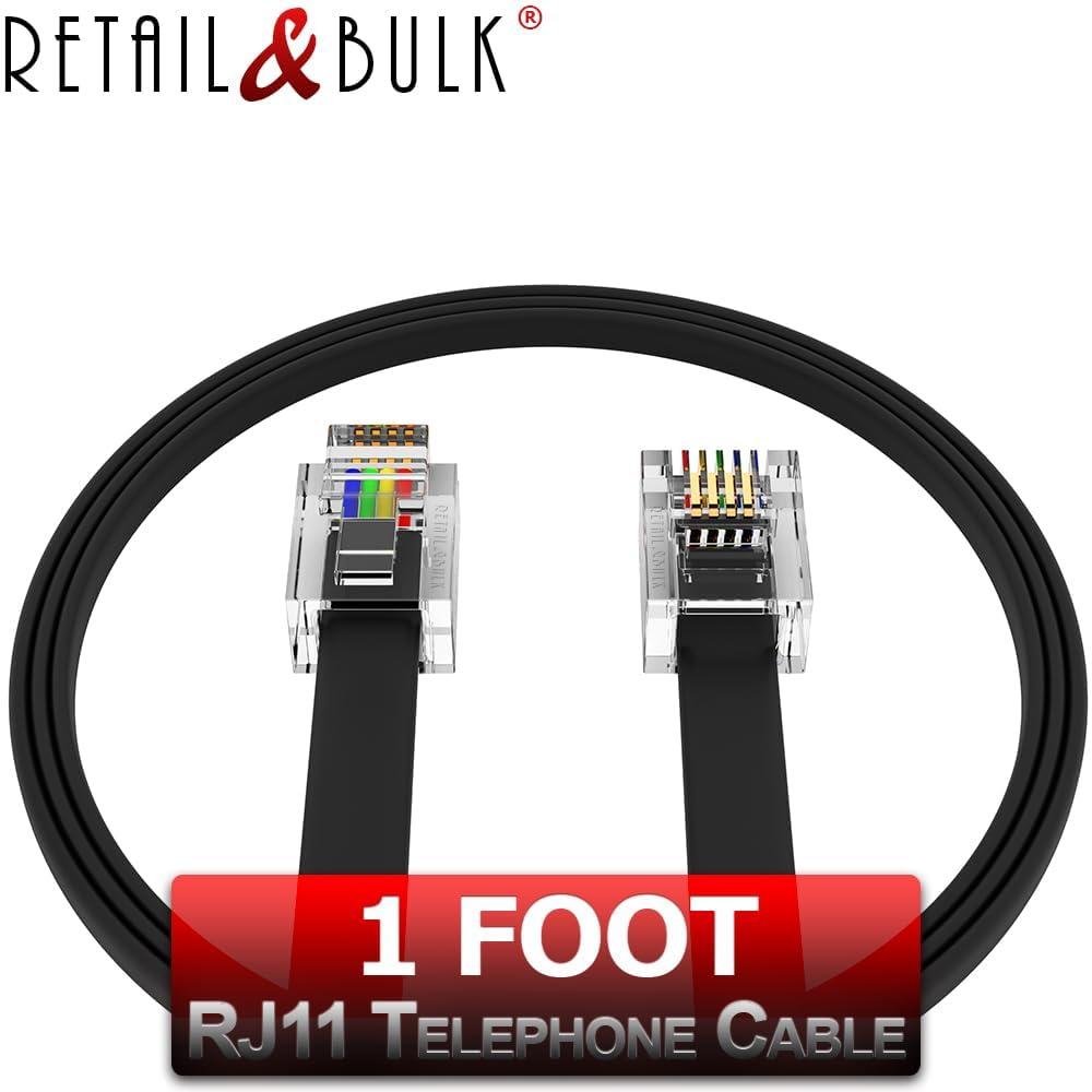 12 Inch Premium Quality Telephone Cable, RJ11 Male to Male 6P4C Phone Line Cord. Made in USA by Retail&Bulk (Black) image number 3