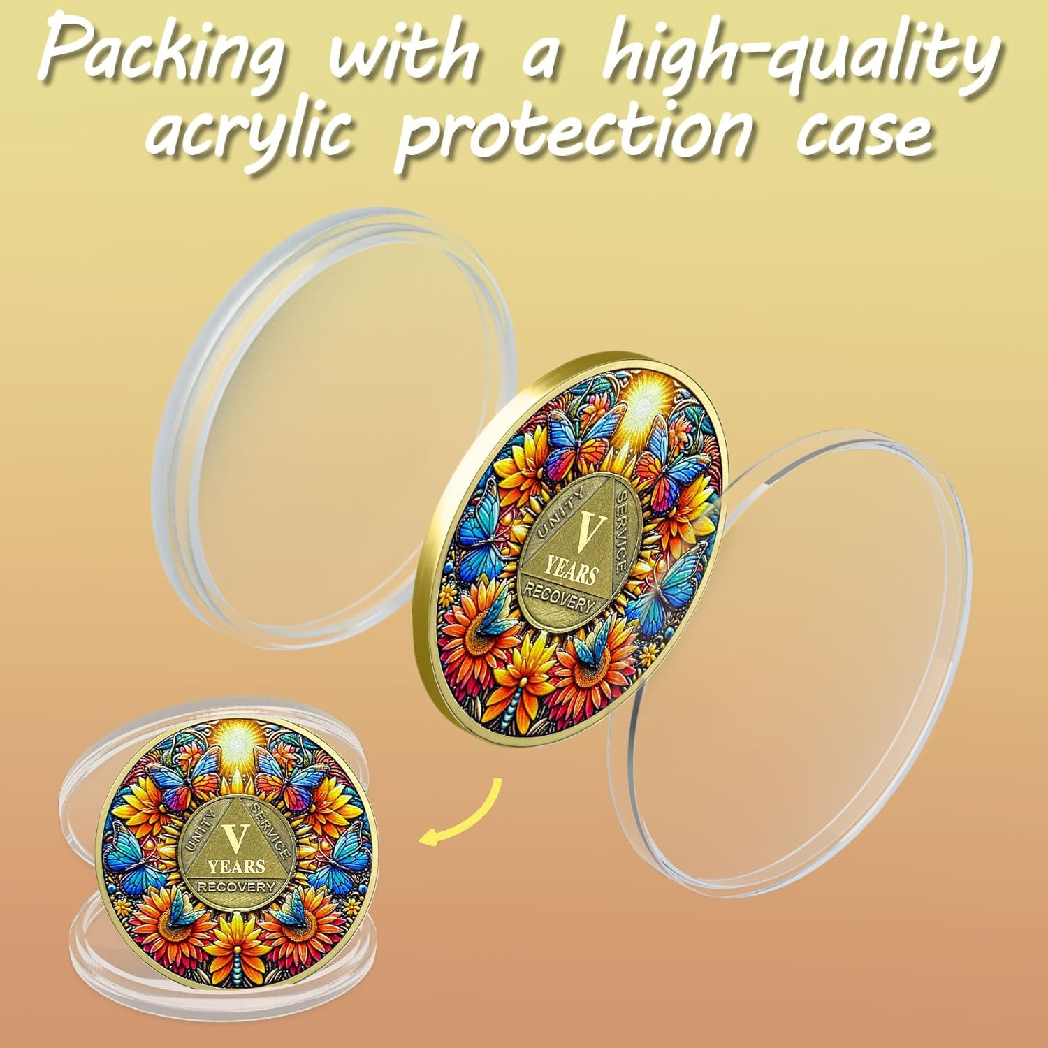 ACGZQY Sobriety Coin, 5 Year Sunflower Butterfly Sobriety Chip AA Coin and Medallions One Day at a Time Sober Token Narcotics Alcoholics Anonymous Recovery Gifts