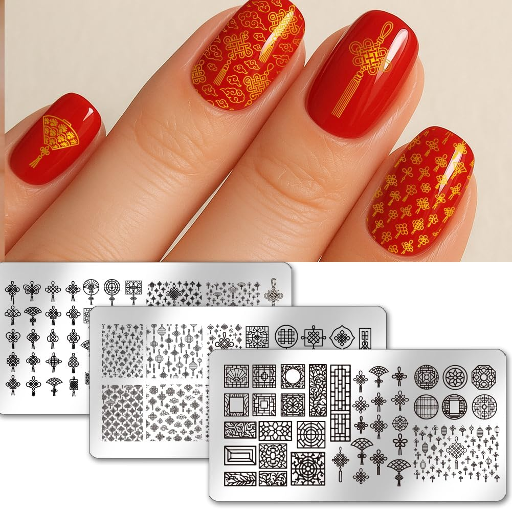 PH Pandahall 3Pcs Chinese Knot Nail Stamp Plate Chinese Style Manicures Art Template Window Lattice Pattern Nail Image Plate Stainless Steel Nails Stamper for Women DIY Manicures Salon Decoration