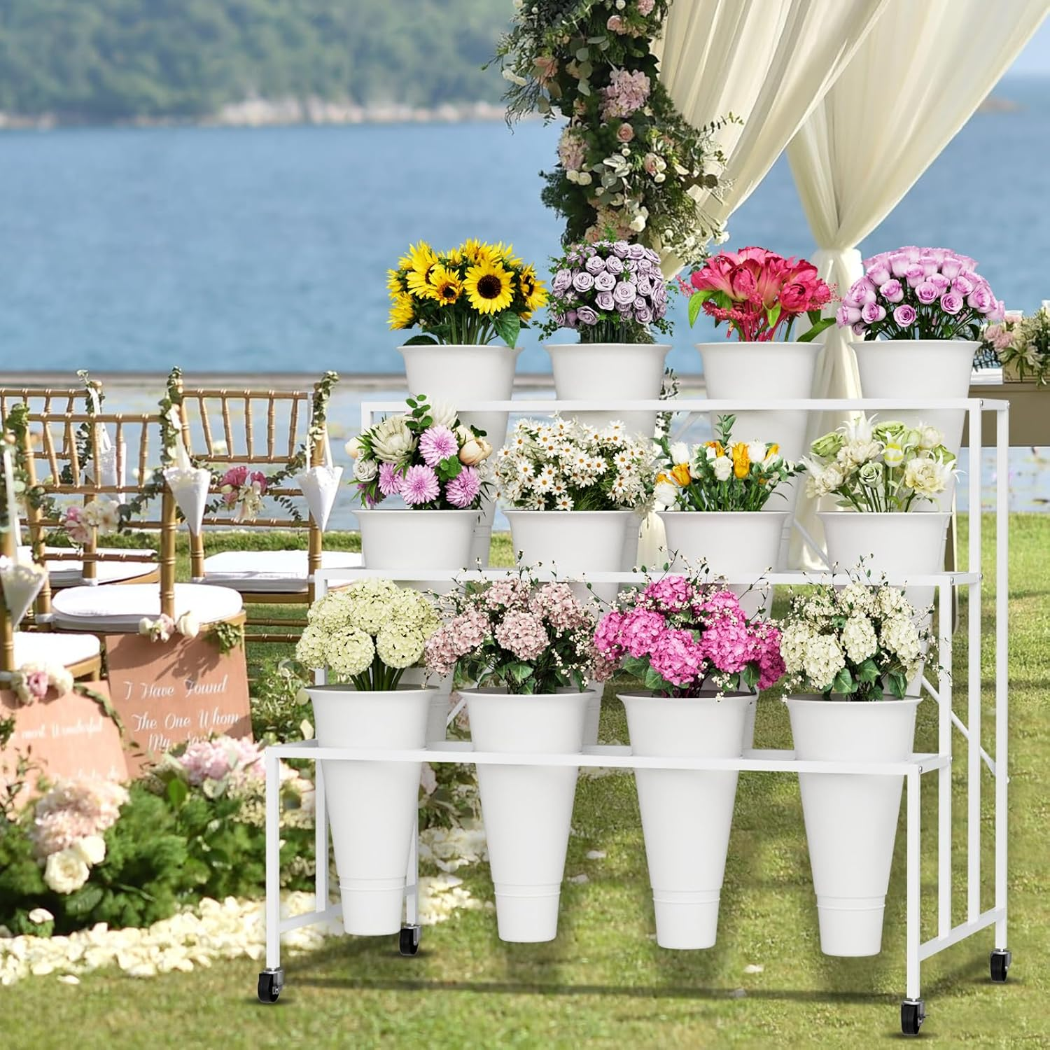 Flower Stand, 3-Tier Display Stand with Buckets for Indoor Outdoor, Flower Cart Display Stand with Wheels for Courtyard, Balcony, Shop, Wedding, Party, Exhibition, White image number 2