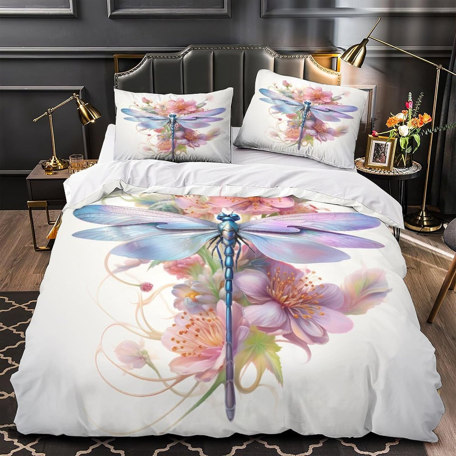 Dragonfly Duvet Cover Set Flower Comforter Cover for Teens 3D Print Bedding Set Microfiber Quilt Cover with Zipper Closure 3 Pieces with Pillowcases,King（210X245Cm）