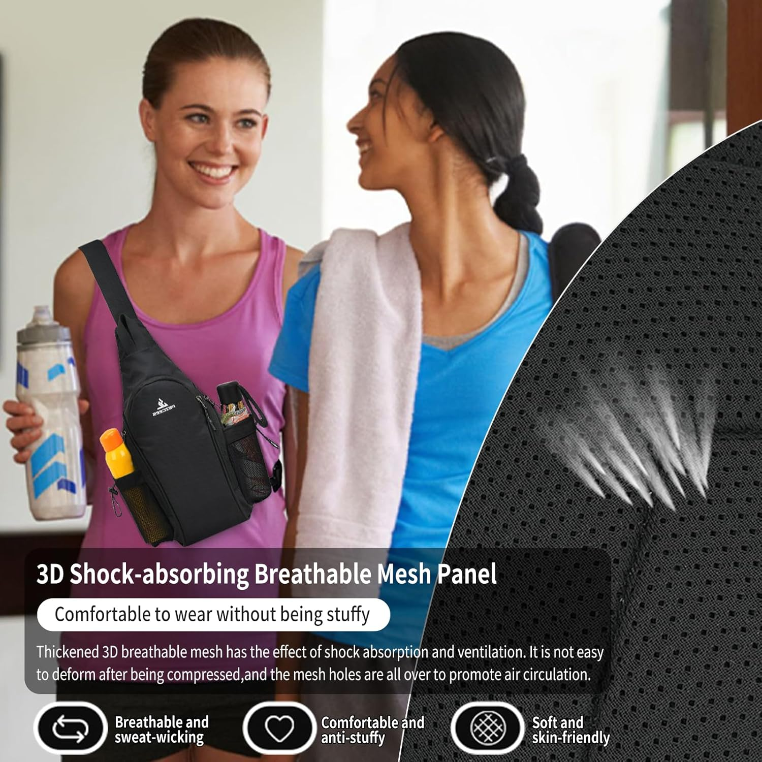 Peicees Small Sling Bag with 2 Bottle Holders, Sling Backpack Crossbody Bag Chest Daypack for Daily Use, Bottle Not Included image number 5