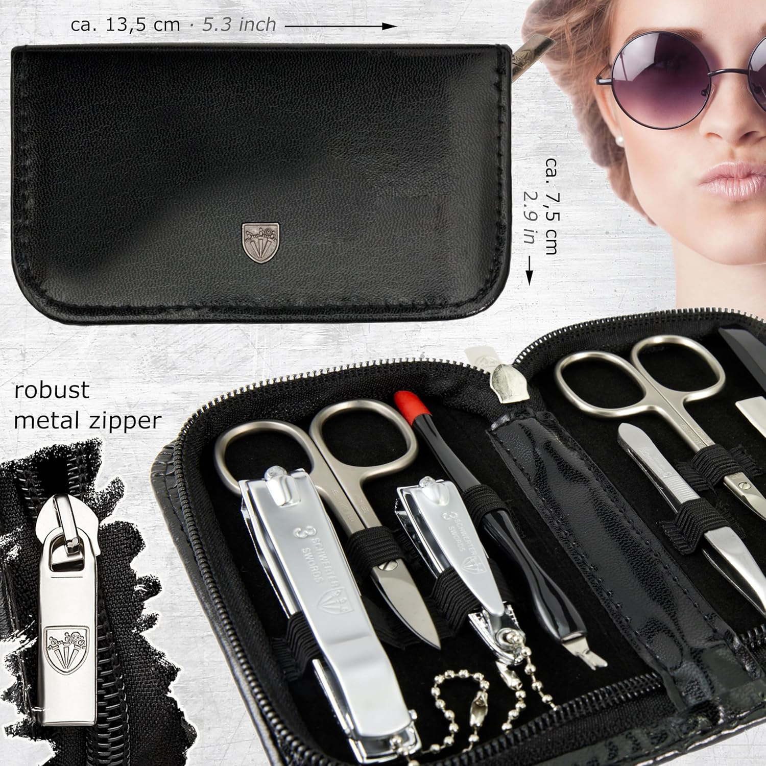 3 Swords Germany - Brand Quality 8 Piece Manicure Pedicure Grooming Kit Set for Professional Finger & Toe Nail Care Scissors Clipper Fashion Leather Case in Gift Box, Made in Solingen Germany (Werhe Black image number 2
