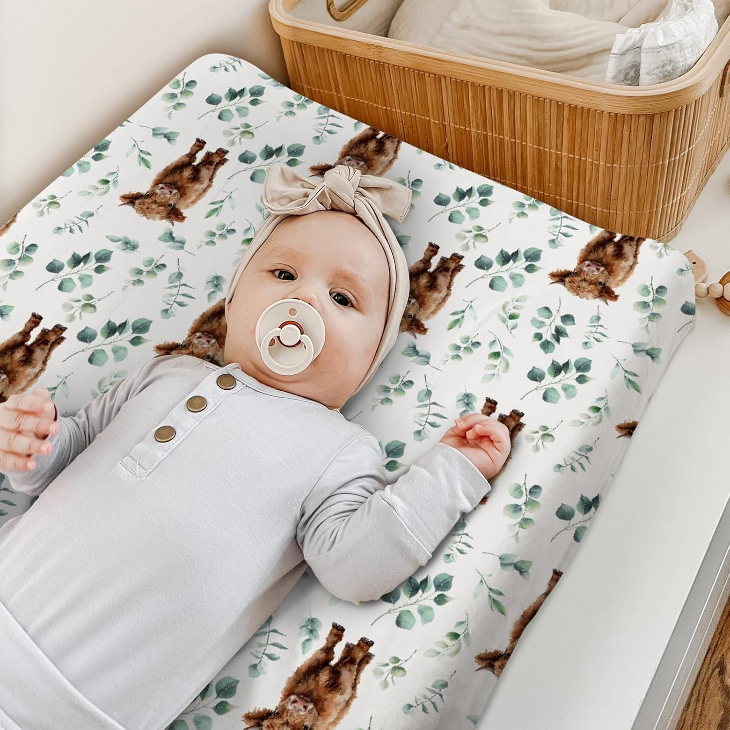 Hawskgfub Highland Cow Eucalyptus Leaf Changing Pad Cover for Baby Girl Boy, Natural Western Farm Animal Diaper Change Table Covers, Soft Stretchy Safe Snug Fitted Changing Mat Sheet Fit 32"/34" X 16" image number 1