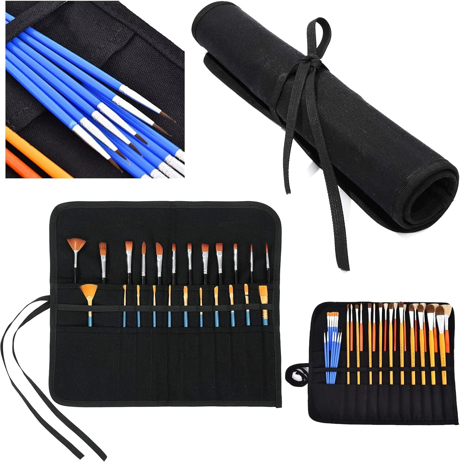 Paint Brush Roll Canvas Pouch, 30 Slots Holder Roll up Bag, Artist Acrylic Oil Watercolour Case, Student Draw Pen Gouache Watercolor Oil Storage (Black)