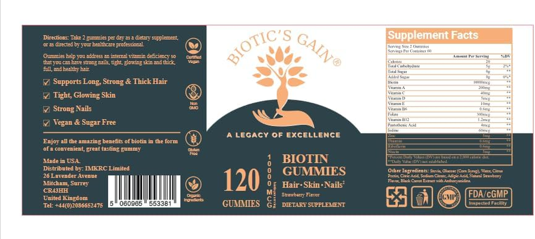 Biotic'S Gain Biotin Gummies, 10000 Mcg, Hair Skin and Nail Support, with Vitamins a C D E B6 B12 and Zinc, Vegan, Sugar Free, 120 Count image number 3