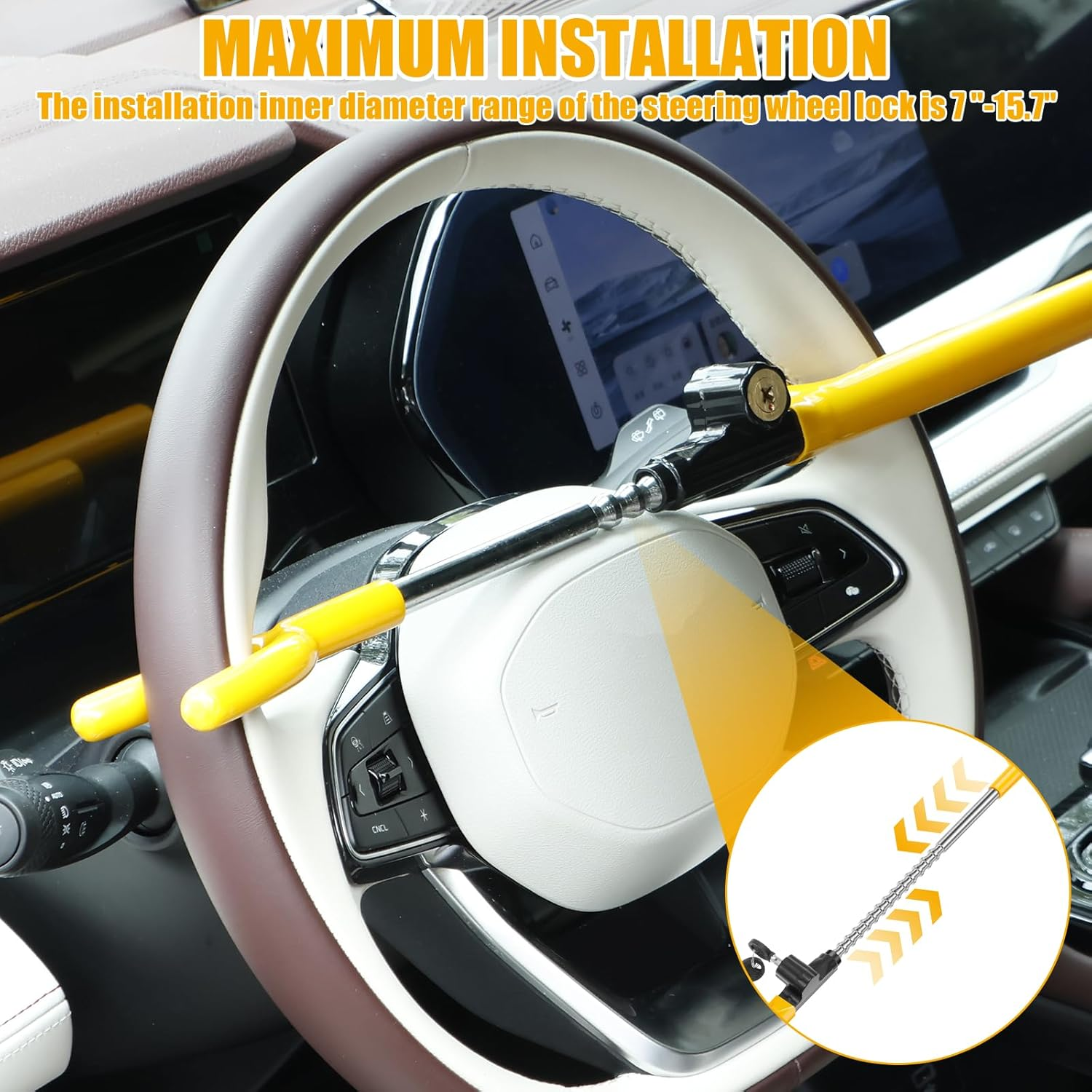 Car Steering Wheel Lock Vehicle Security Lock anti Theft Device Adjustable Car Steering Wheel Locks with 2 Keys for Cars Trucks Vans and Suvs Easy Installation (Yellow, 1Pc)