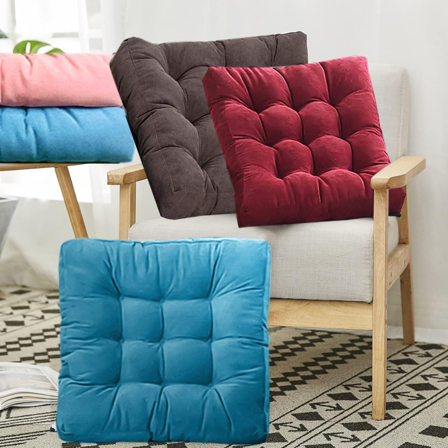 Meditation Floor Pillow, Square Large Pillows Seating for Adults, Blue Tufted Corduroy Cushions for Outdoor Yoga Tatami Fireplace Living Room, Memory Foam Filing, Blue, Cushion 22 X 22 Inch image number 3