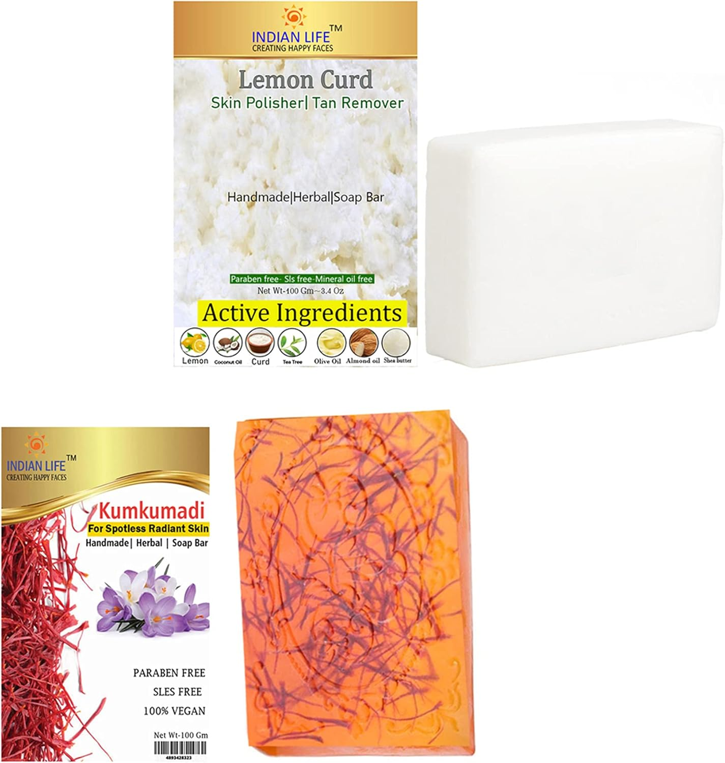 Indianlife Kumkumadi and Lemon Curd Soap Made with Shea Butter,100% Vegan| Paraben Free| SLS Free|Mineral Oil Free| Pack of 2(100 Gram Each) image number 3