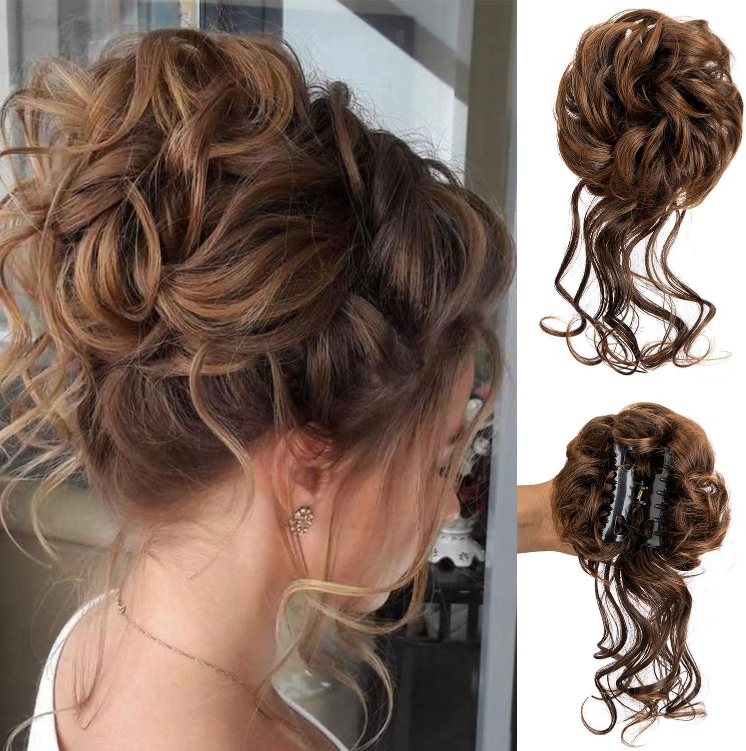 Messy Bun Hair Piece, Wavy Claw Clip Messy Bun Hair Clip, Synthetic Fake Buns Hairs Extensions, Soft Hairs Buns Hairpieces for Women Daily Wear (Dark Brown, Medium)