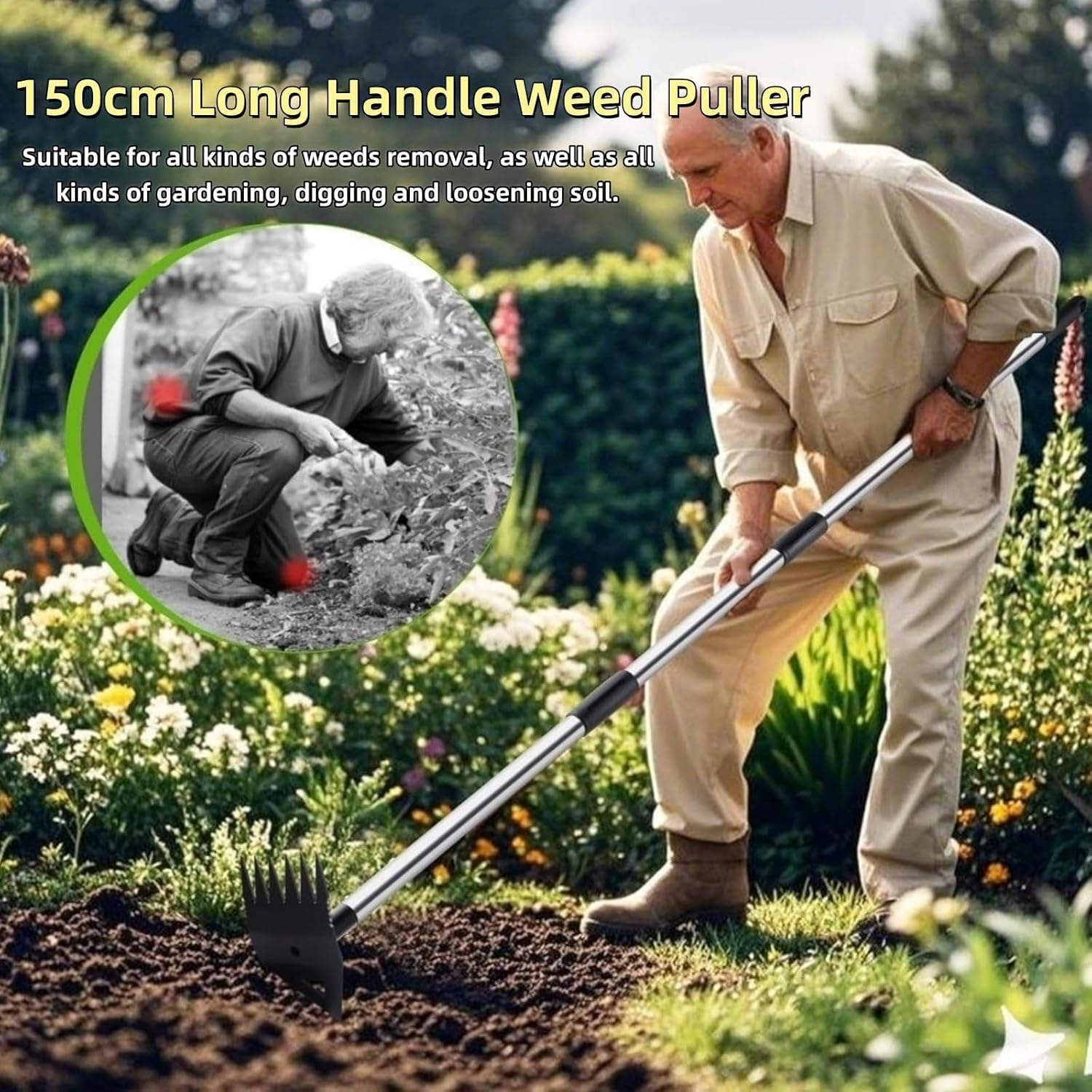 Weed Puller Tool with Long Handle, 2 in 1 Manual Weed Rake and Garden Hoe 150Cm Weed Remover Gardening Tools, Heavy Duty Uprooting Weeding Pull for Yard, Lawn, Patio and Garden image number 3