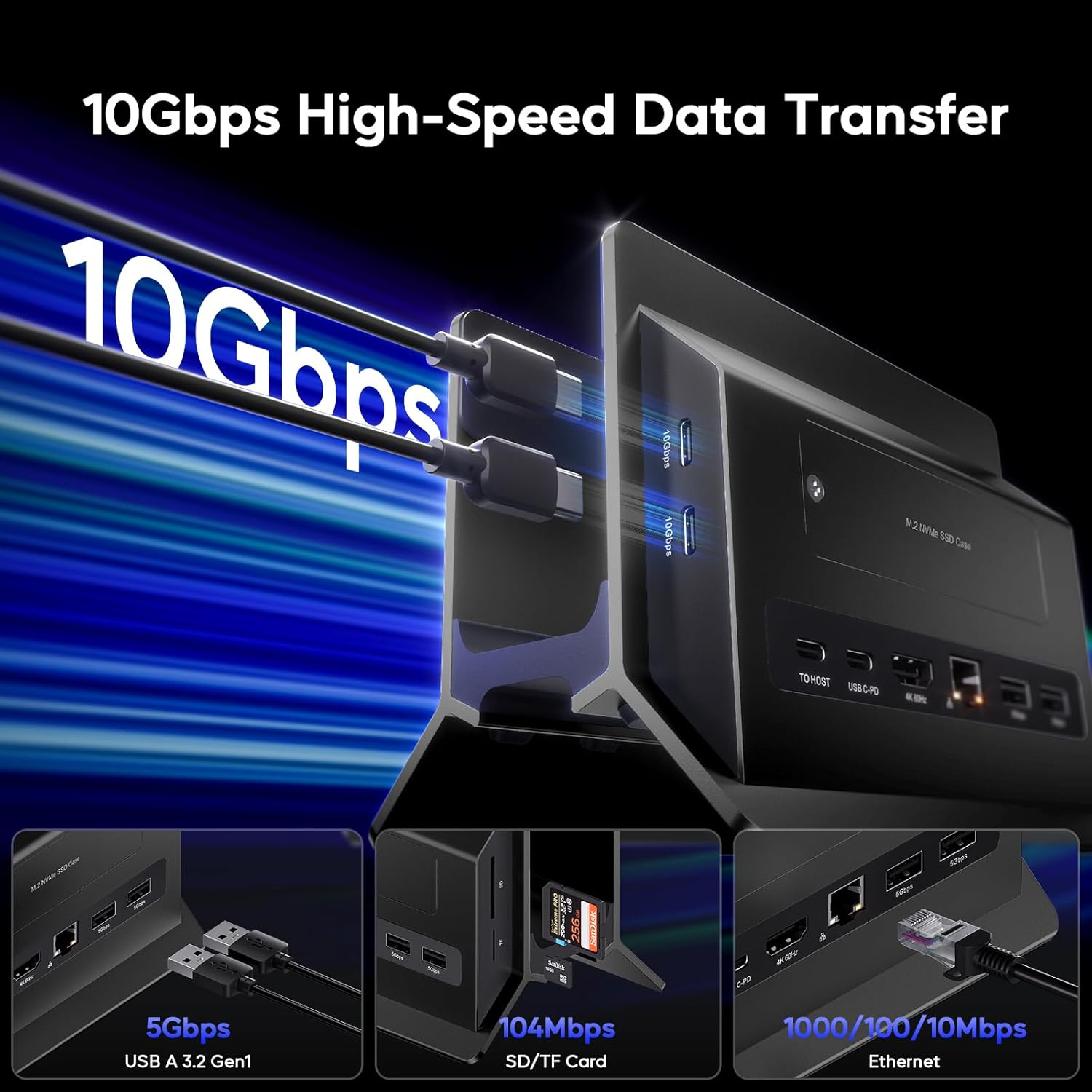 PULWTOP Vertical Laptop Docking Station for Macbook Pro Air, Support M.2 SSD Expansion, HDMI 4K, 2 USB-C 10Gbps, 2 USBA 5Gbps, RJ45, SD/TF, USB-C 100W PD Dock for Full-Featured Type-C Laptops - Black