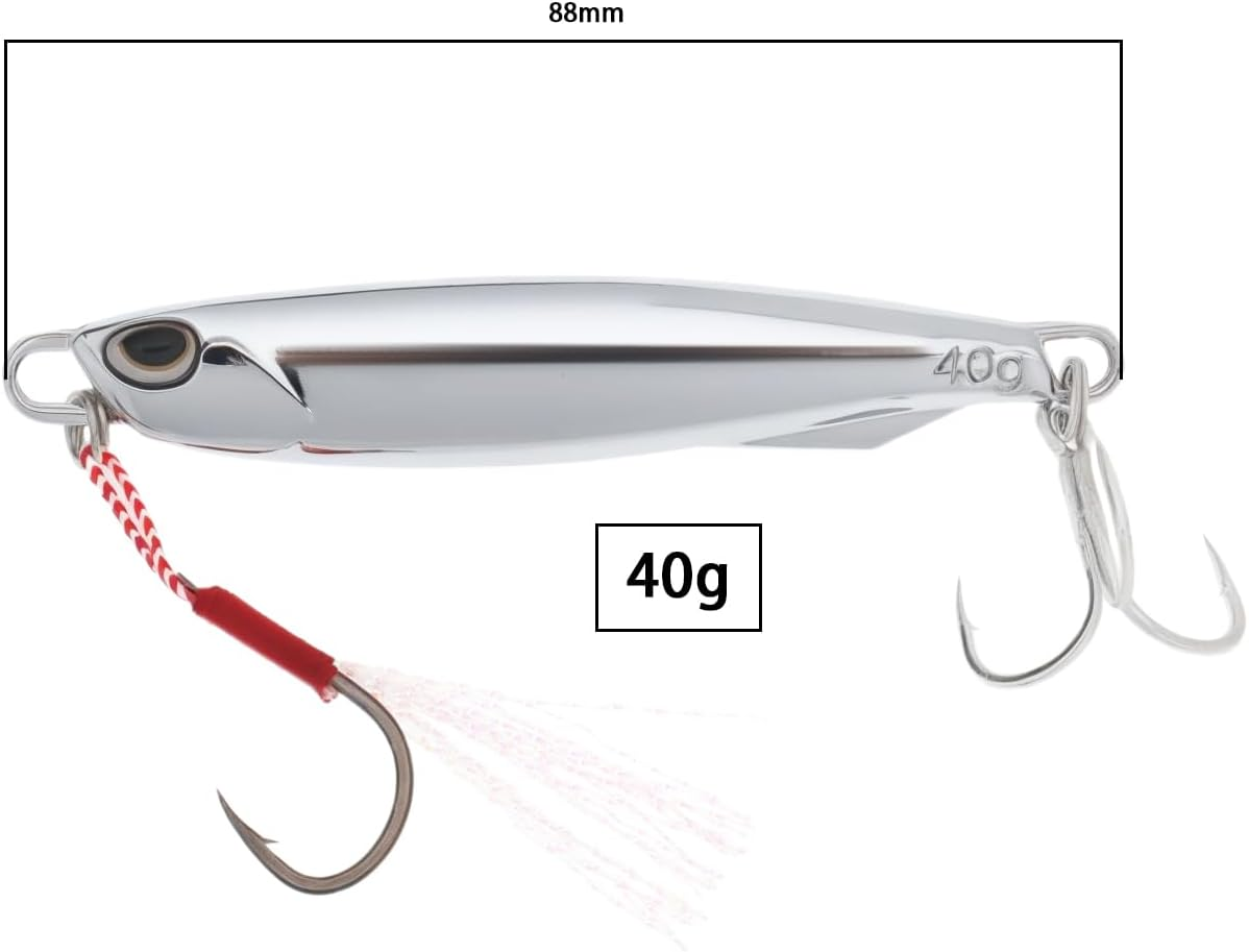 YINETTECH 2Pcs 40G Fishing Lure Metal Casting Jig with Trebles Hooks Metal Fishing Lure for Mackerel Cod Bass Sea Freshwater Fishing Chrome